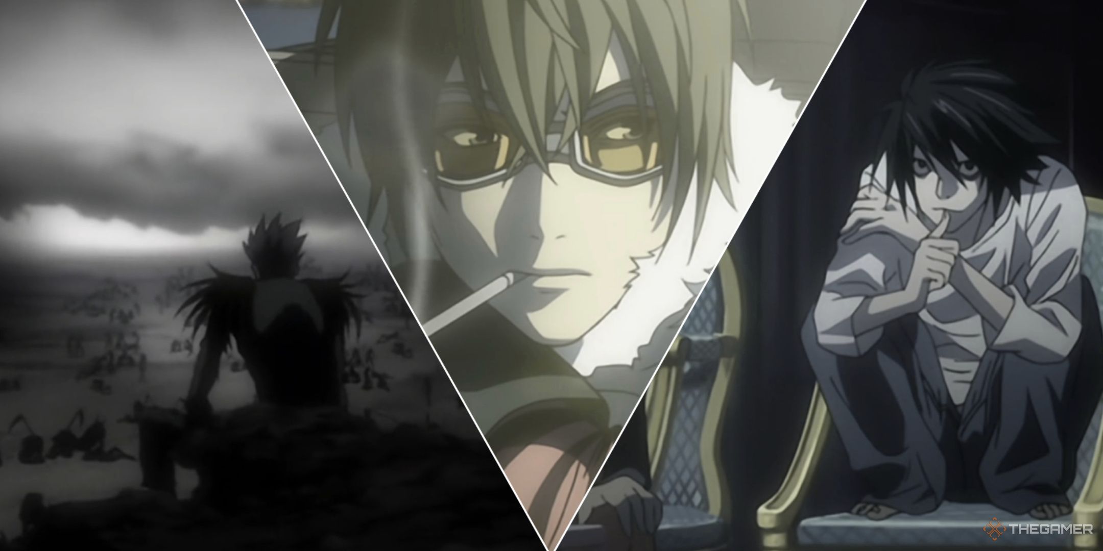 A collage of moments from Death Note such as the Shinigami Realm, L thinking, and Matt smoking a cigarette.