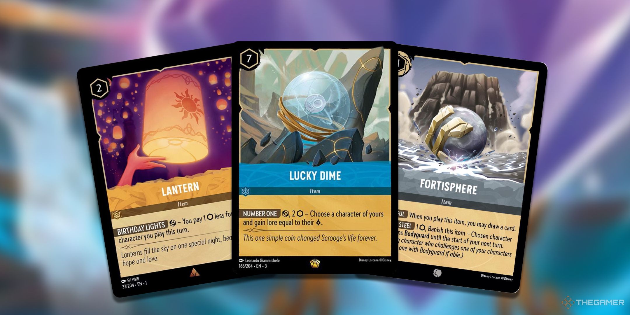 A collage of the best item cards in Disney Lorcana such as Lucky Dime, Lantern, and Fortisphere.