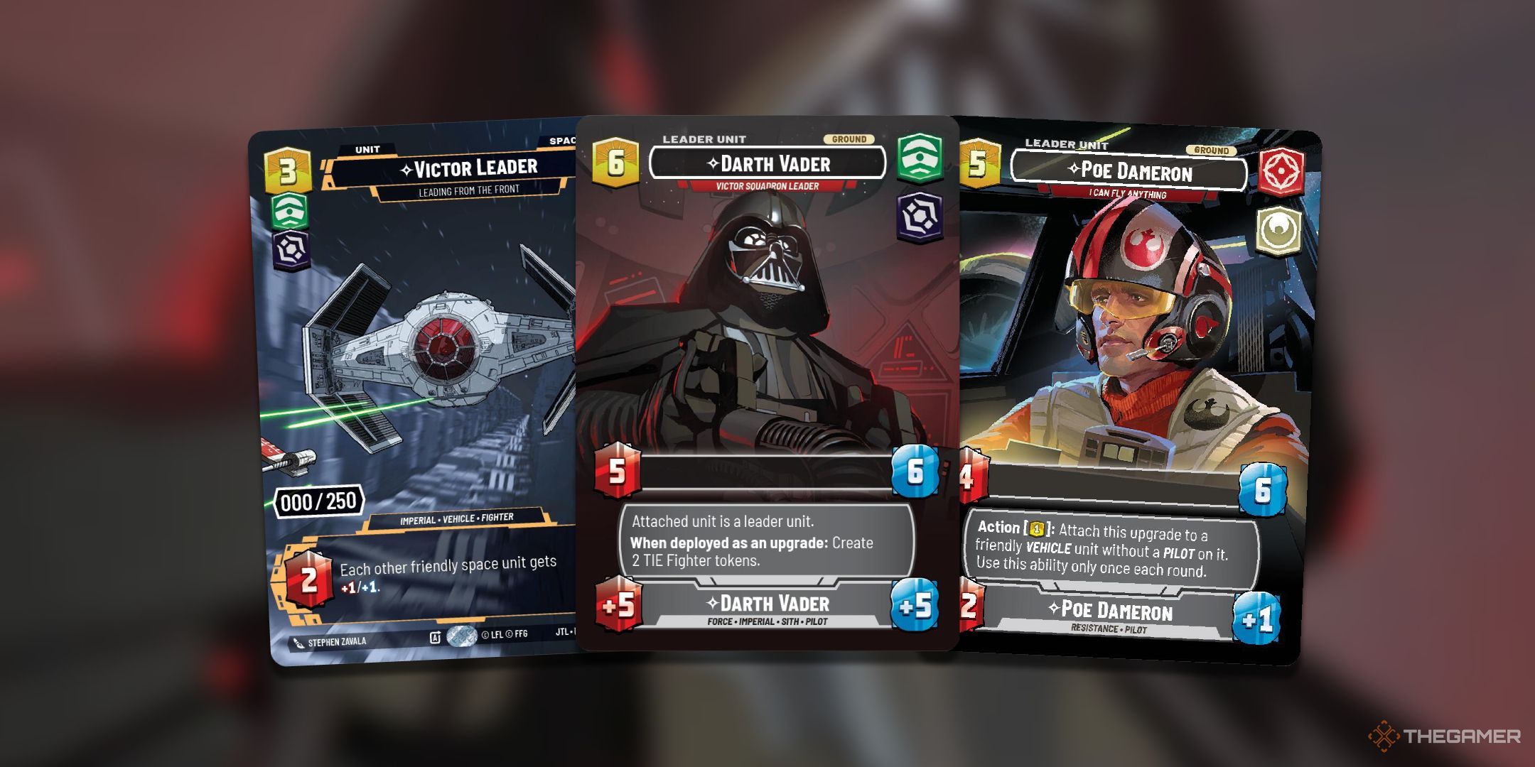 A collage of valuable cards from Star Wars Unlimited Jump To Lightspeed such as Darth Vader, Poe Dameron, and serialized cards.