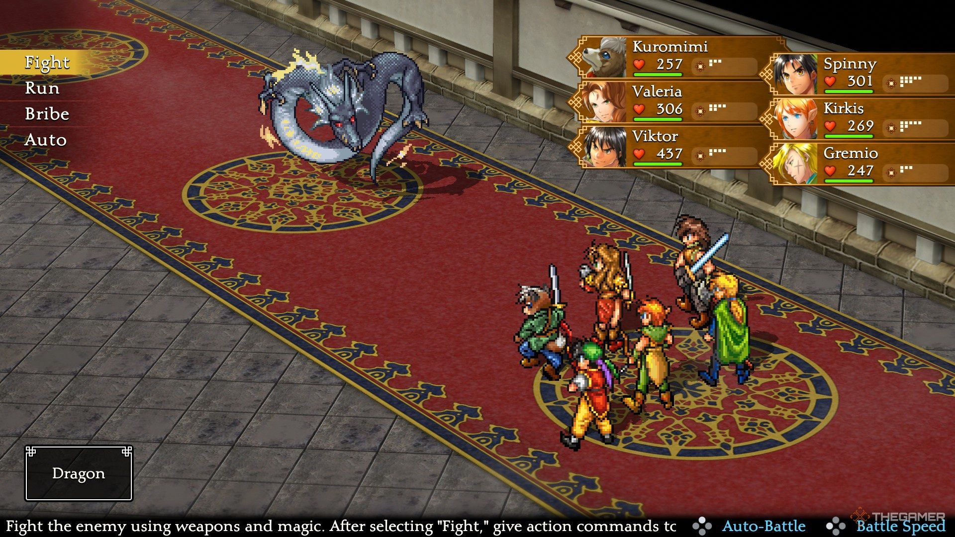 A combat screen in the HD Remster of Sokodon 1, showing the party against the dragon.