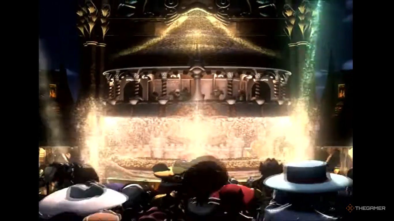 A crowd cheers as a theatrical performance begins in Final Fantasy 9.