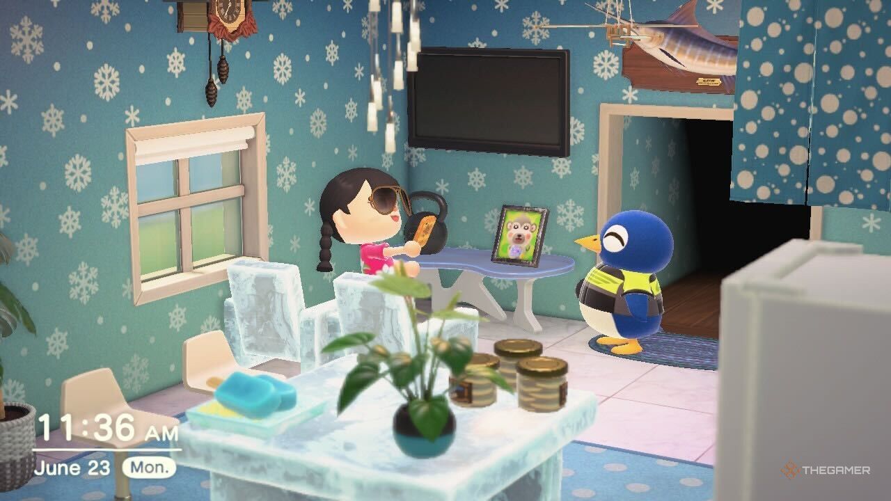 A custom house for Roald with an ice theme and photo of Cheri, with the ACNH player taking a photo of Roald in Animal Crossing New Horizons.