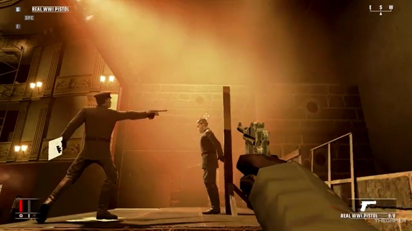 A first person view of a mock execution in an opera in Hitman: Blood Money.