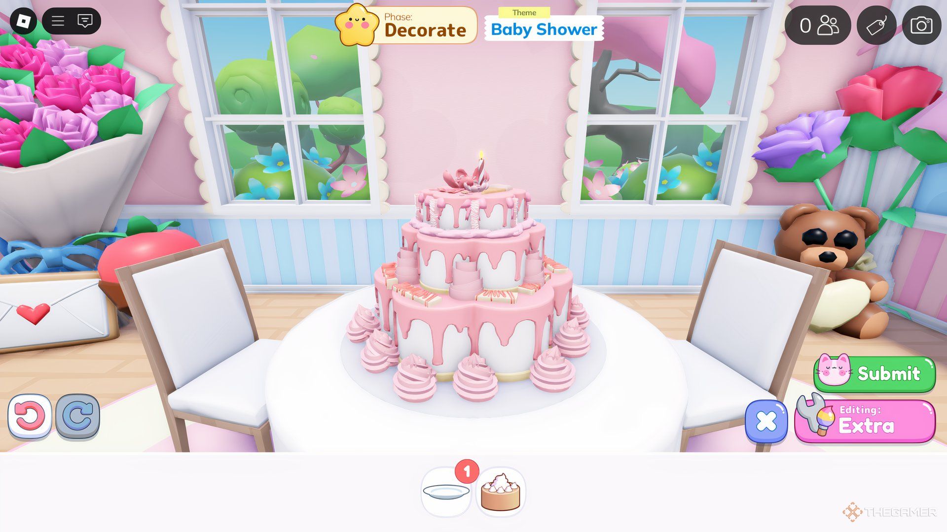 A fully decorated cake is shown in Roblox Cake Off.