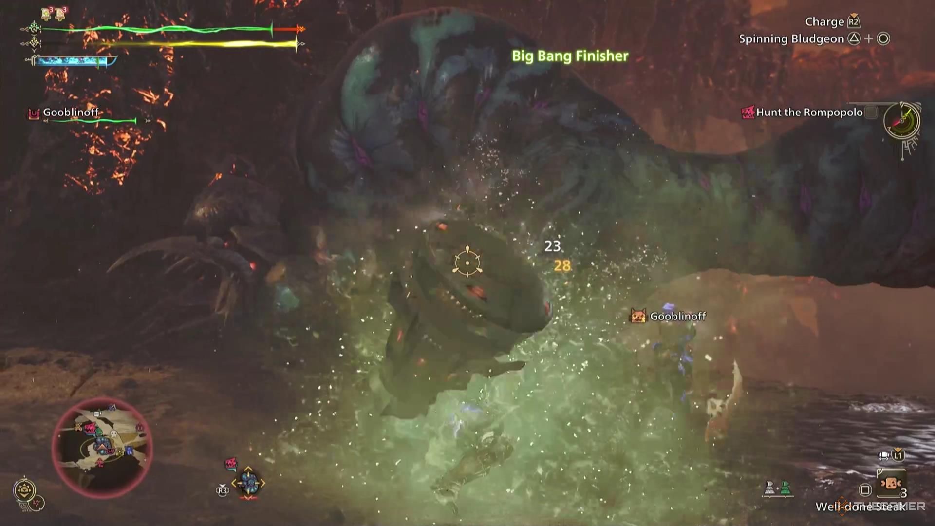 A Hammer sticks through a green mist as it swings through the air, about to decimate a monster in Monster Hunter Wilds.