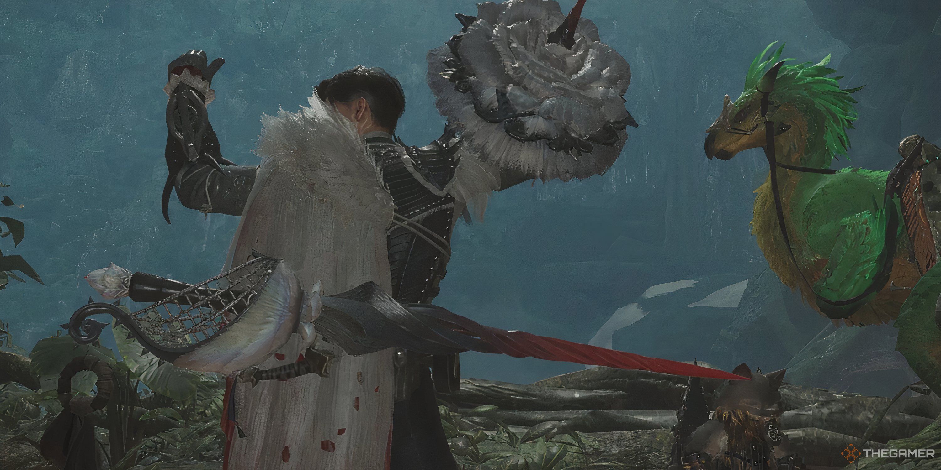One hunter is with a sword and shield in a sword and the giant hunter forest.