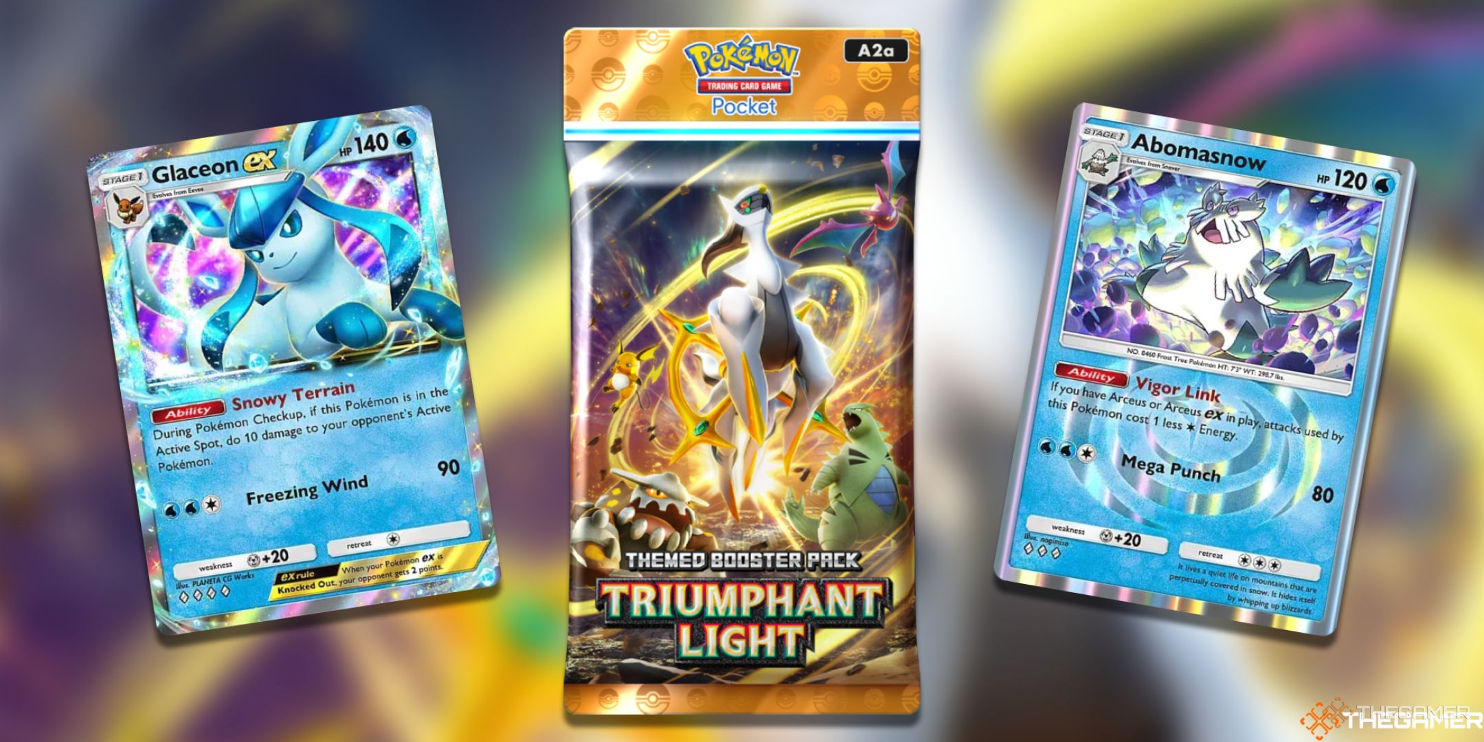 A pack of Pokemon TCG Pocket Triumphant Light surrounded by powerful Water-type cards such as Glaceon ex and Abomasnow.