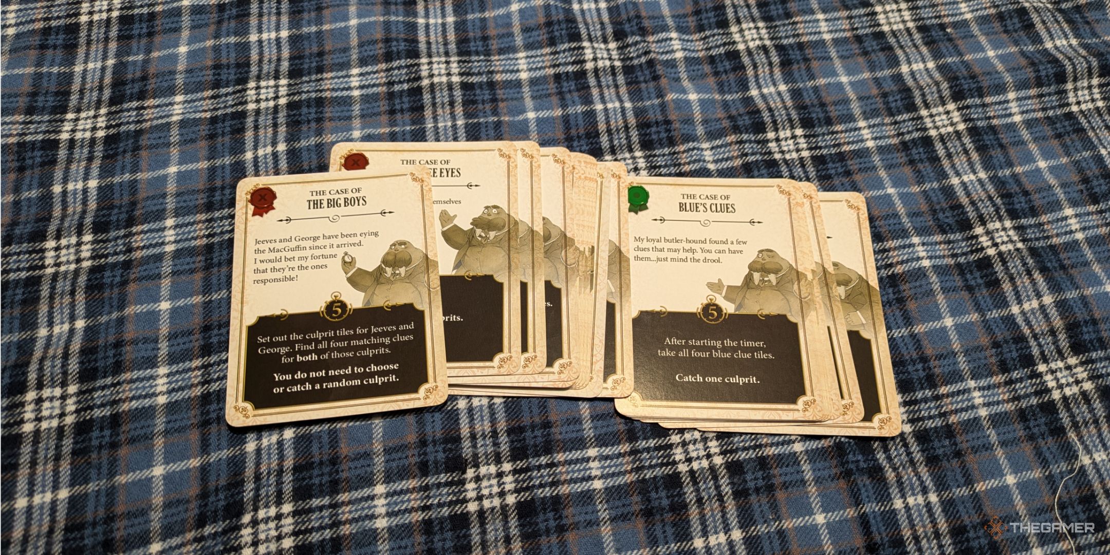 A photo of a spread of goal cards in Five Minute Mystery.
