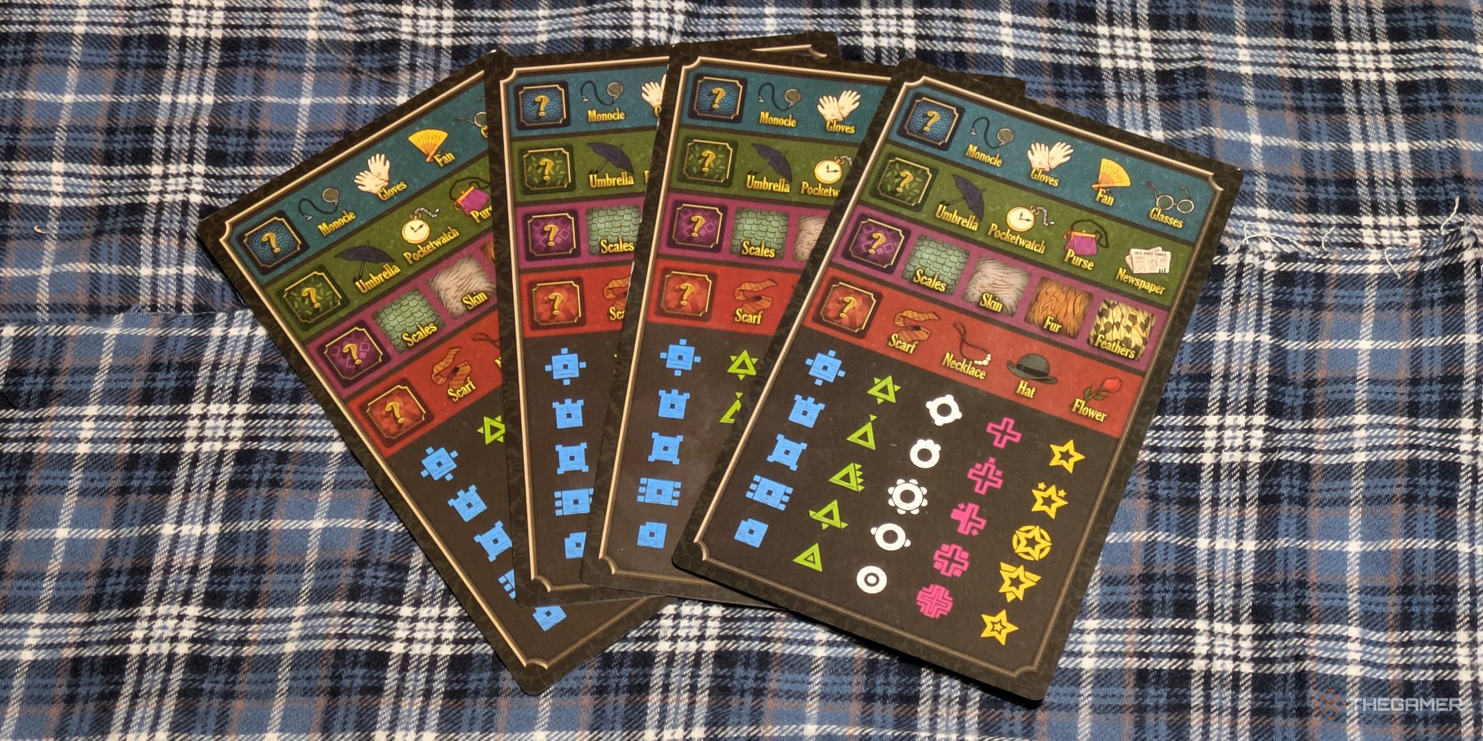 A photo of a spread of reference cards in Five Minute Mystery.