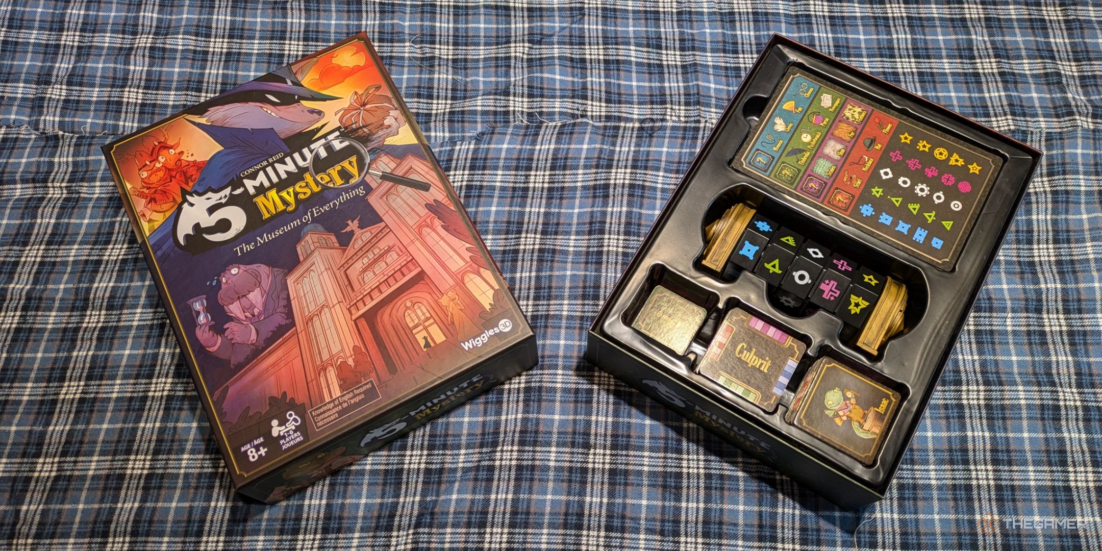A photo of the box and contents of Five Minute Mystery.