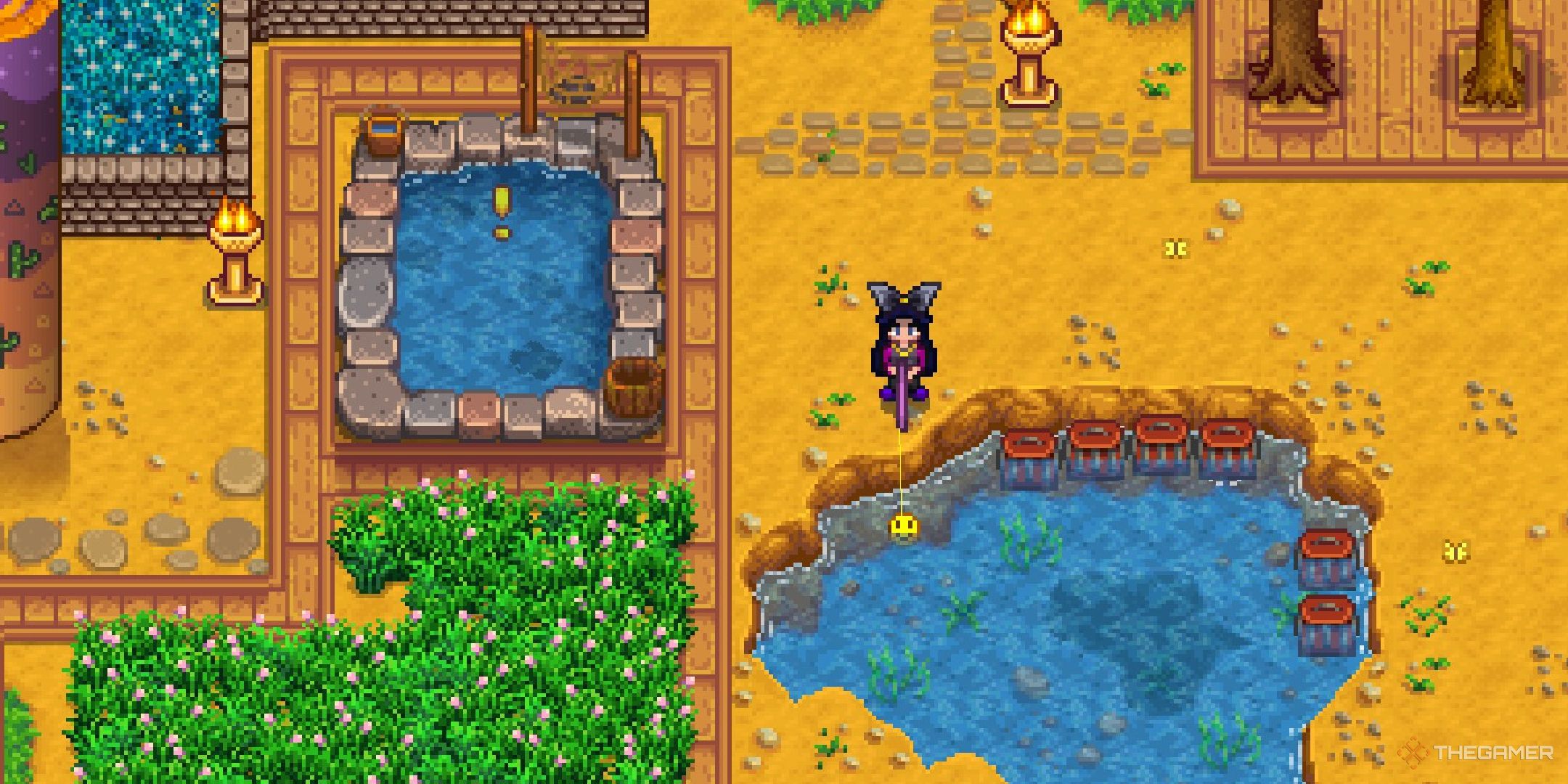 A player fishing in a small farm pond in Stardew Valley.