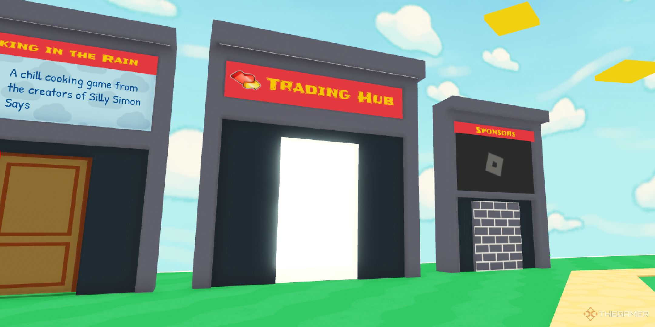 A player looking at the door to the trading hub in Silly Simon Says on Roblox.