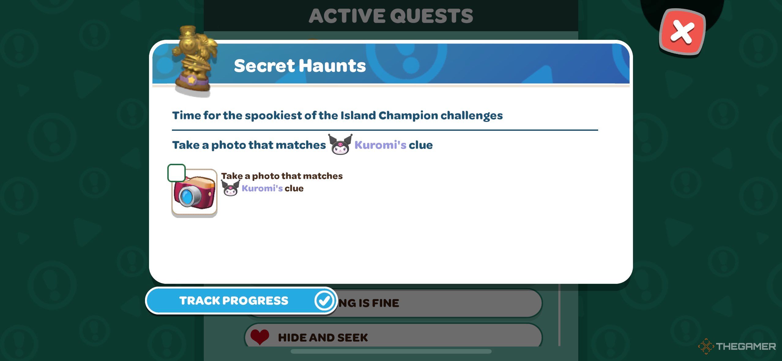 Hello Kitty is watching the secret Hunts Information Page in Island Adventure.