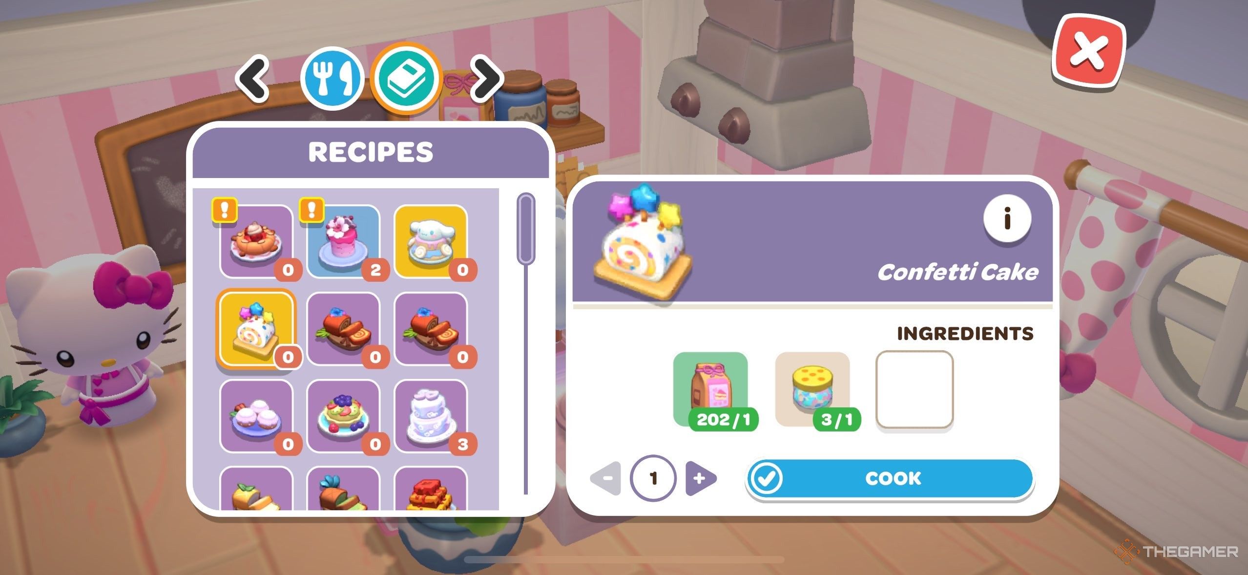 A player making Confetti Cake for Happy Haven Days in Hello Kitty Island Adventure.