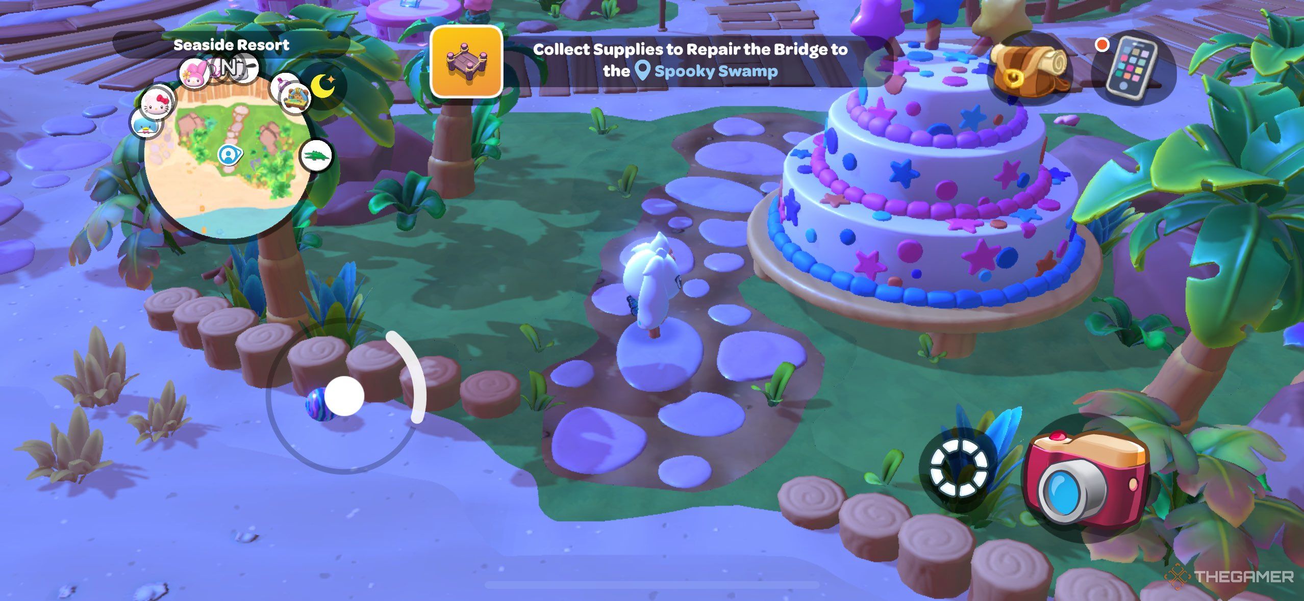 A player near the kiosk for Happy Haven Days in Hello Kitty Island Adventure.