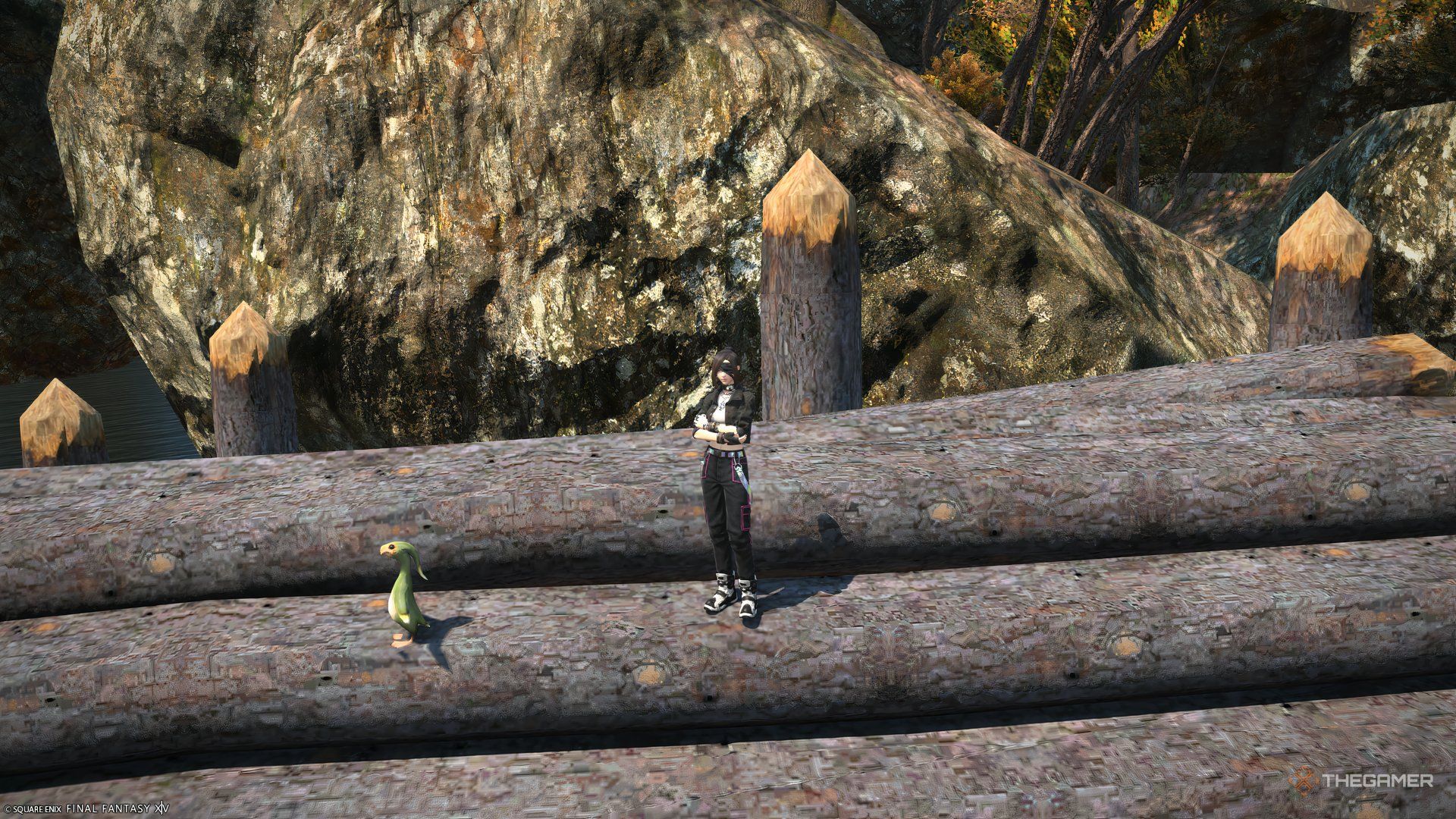 A player on top of logs in Final Fantasy 14.