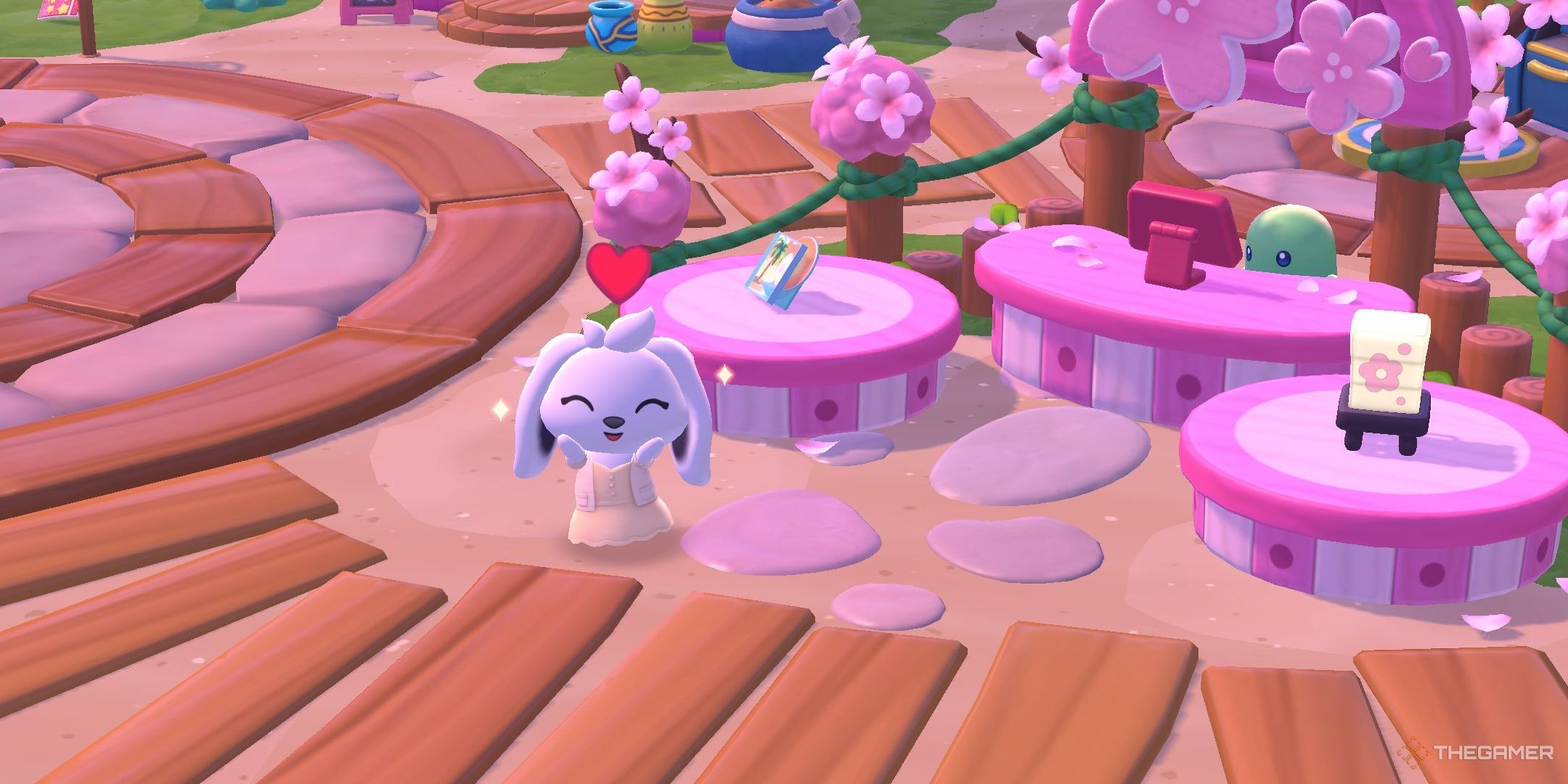 A player posing next to the Springtime Celebration kiosk in Hello Kitty Island Adventure.