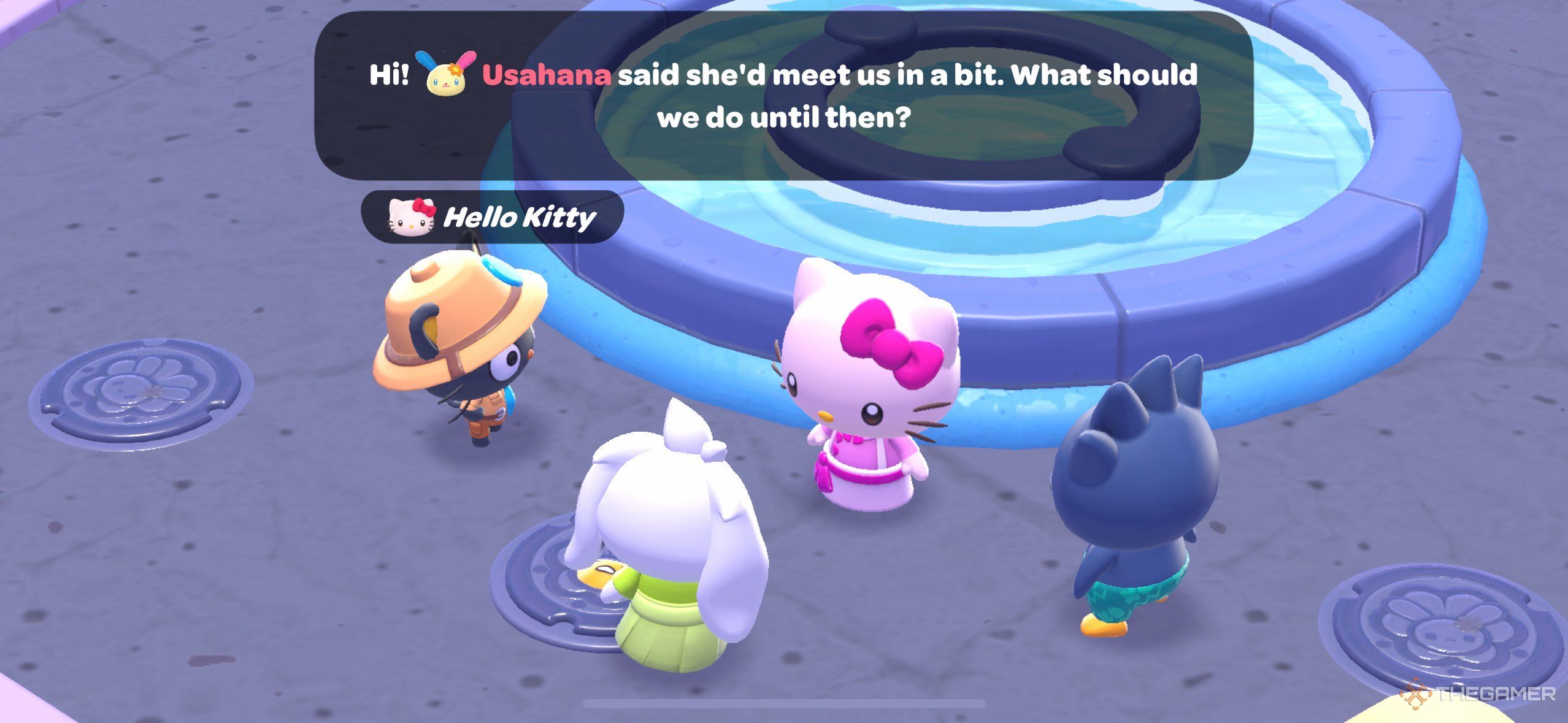 A player talking with Hello Kitty about waiting for Usahana in Hello Kitty Island Adventure.