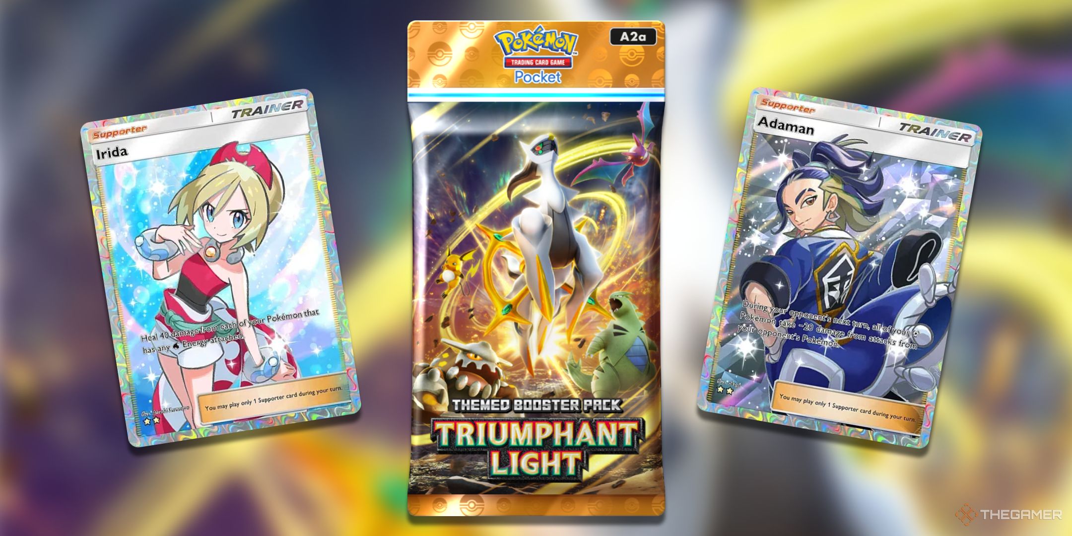 A Pokemon TCG Pocket Triumphant Light booster pack surrounded by rare cards such as super rare Adaman and Irida.