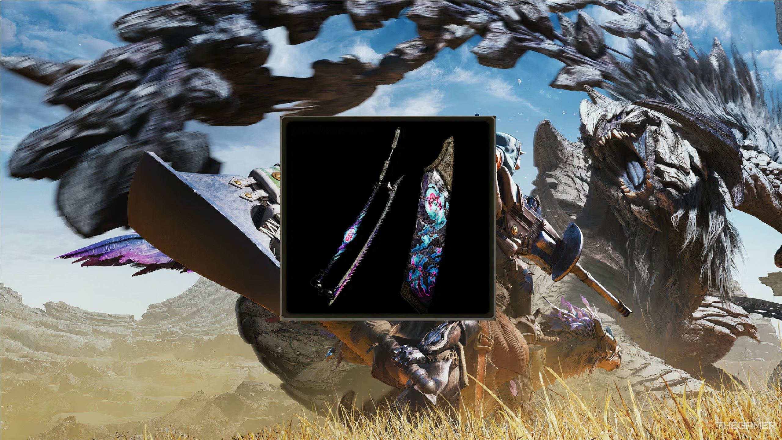 A preview image of the rompo mytoxin longsword from monster hunter wilds.