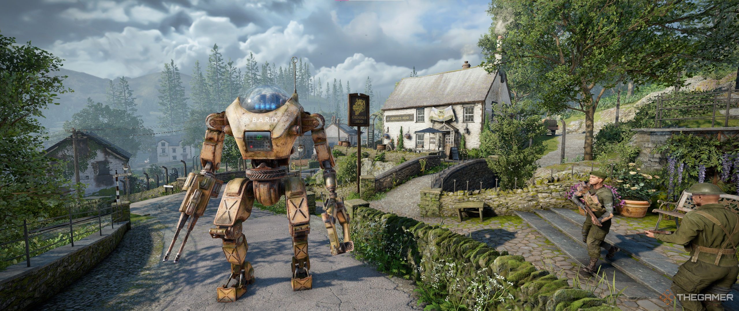 a robot in front of the pub in atomfall