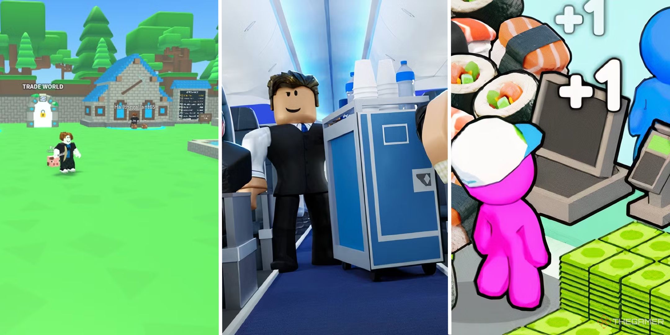 A split image showing three Roblox simulation games.