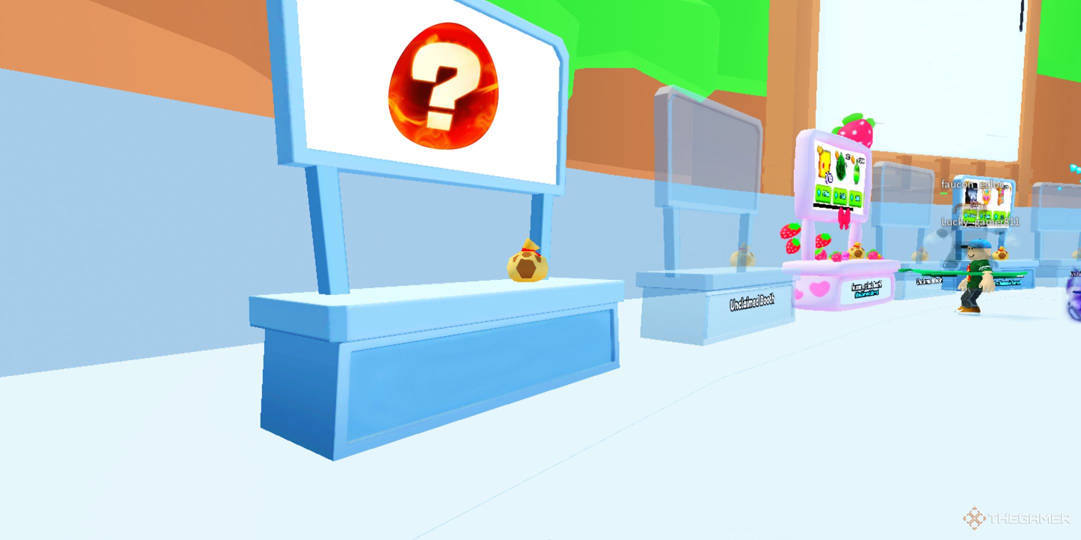 A trading booth with the game's egg logo on the top in Pets Go on Roblox.