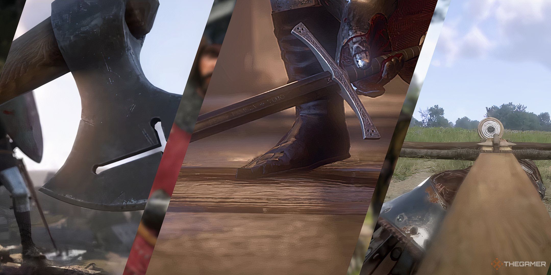 A triple split image of an axe, sir radzigs sword, and a crossbow from kingdom come deliverance 2.