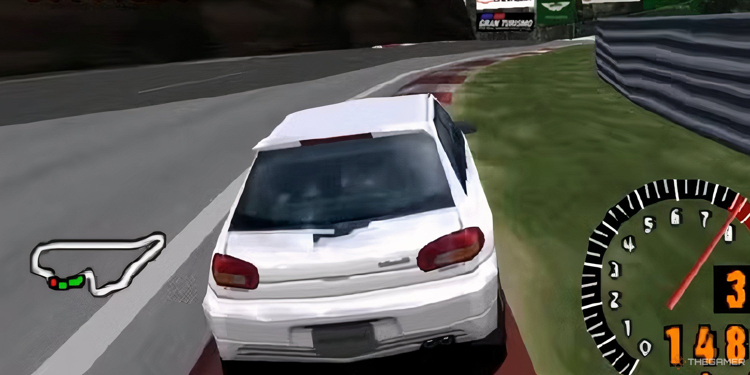 A white car makes a risky turn on a long and winding road in a gameplay screenshot of Gran Turismo for the PS1.