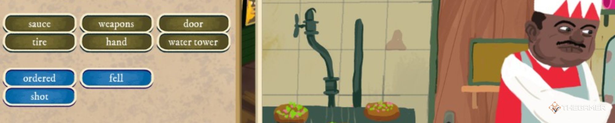 A word wall and a chicken shop employee in The Rise of the Golden Idol The Sins of New Wells.