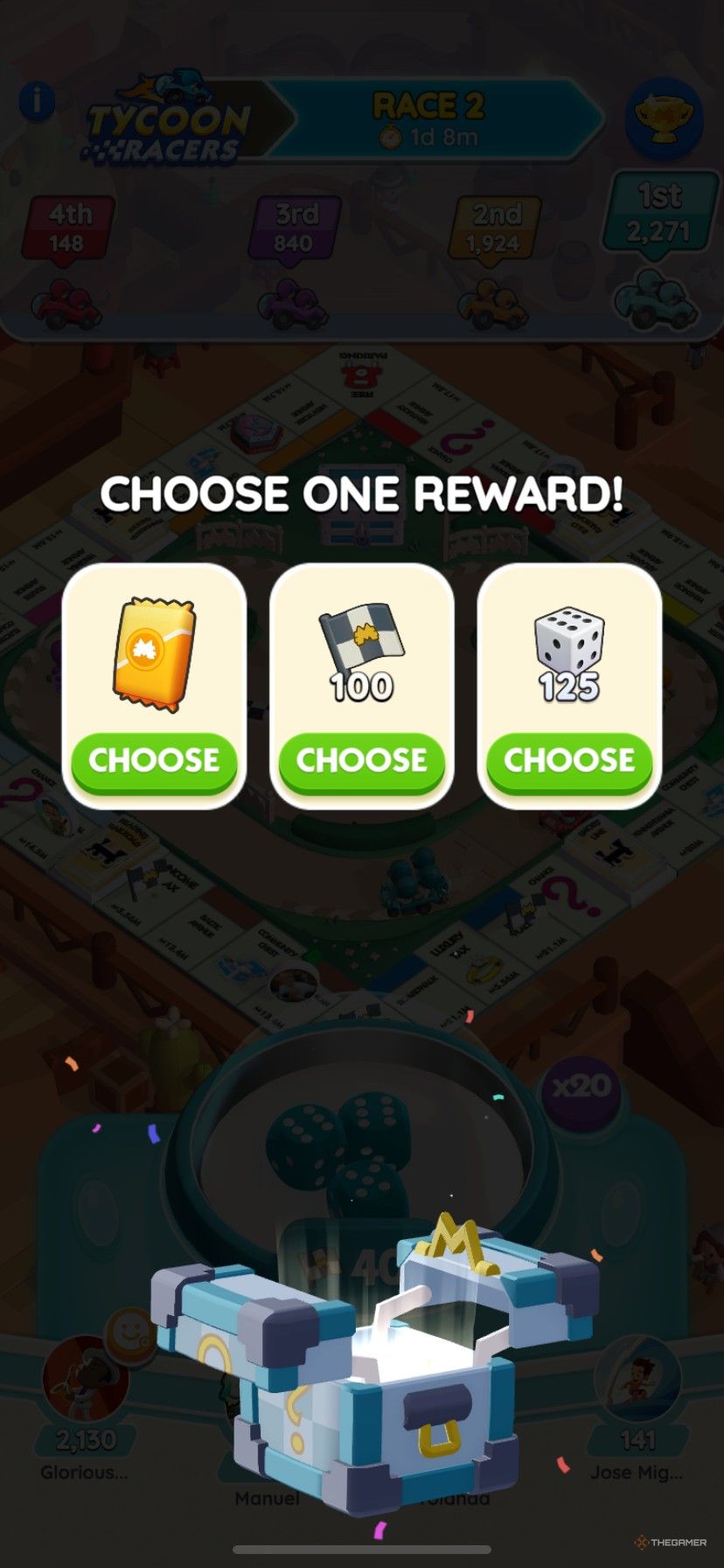 A yellow sticker pack, 100 free Tycoon Racers flags, and 125 as lap rewards in Monopoly Go.