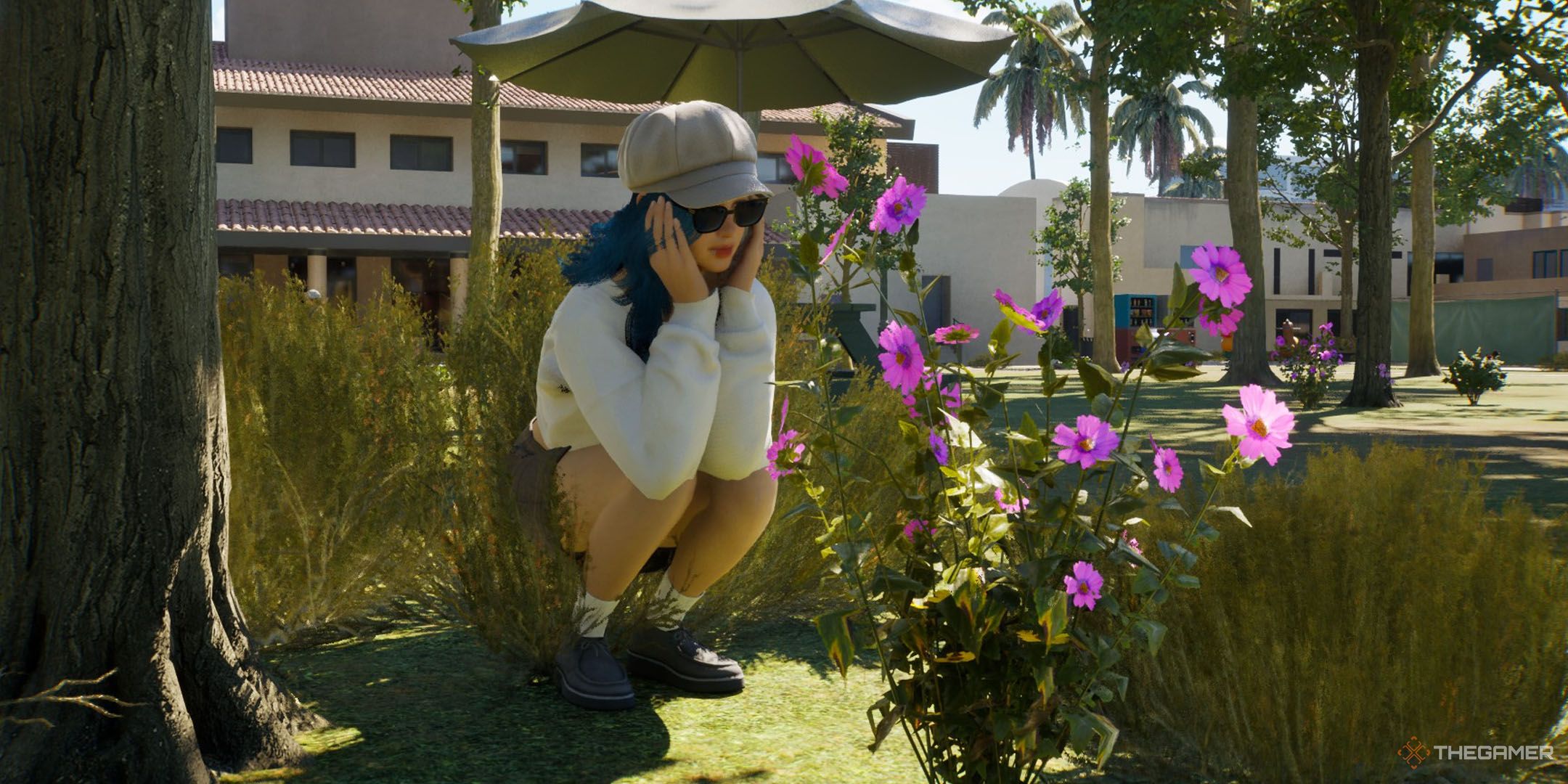 A zoi admiring some flowers in InZoi.