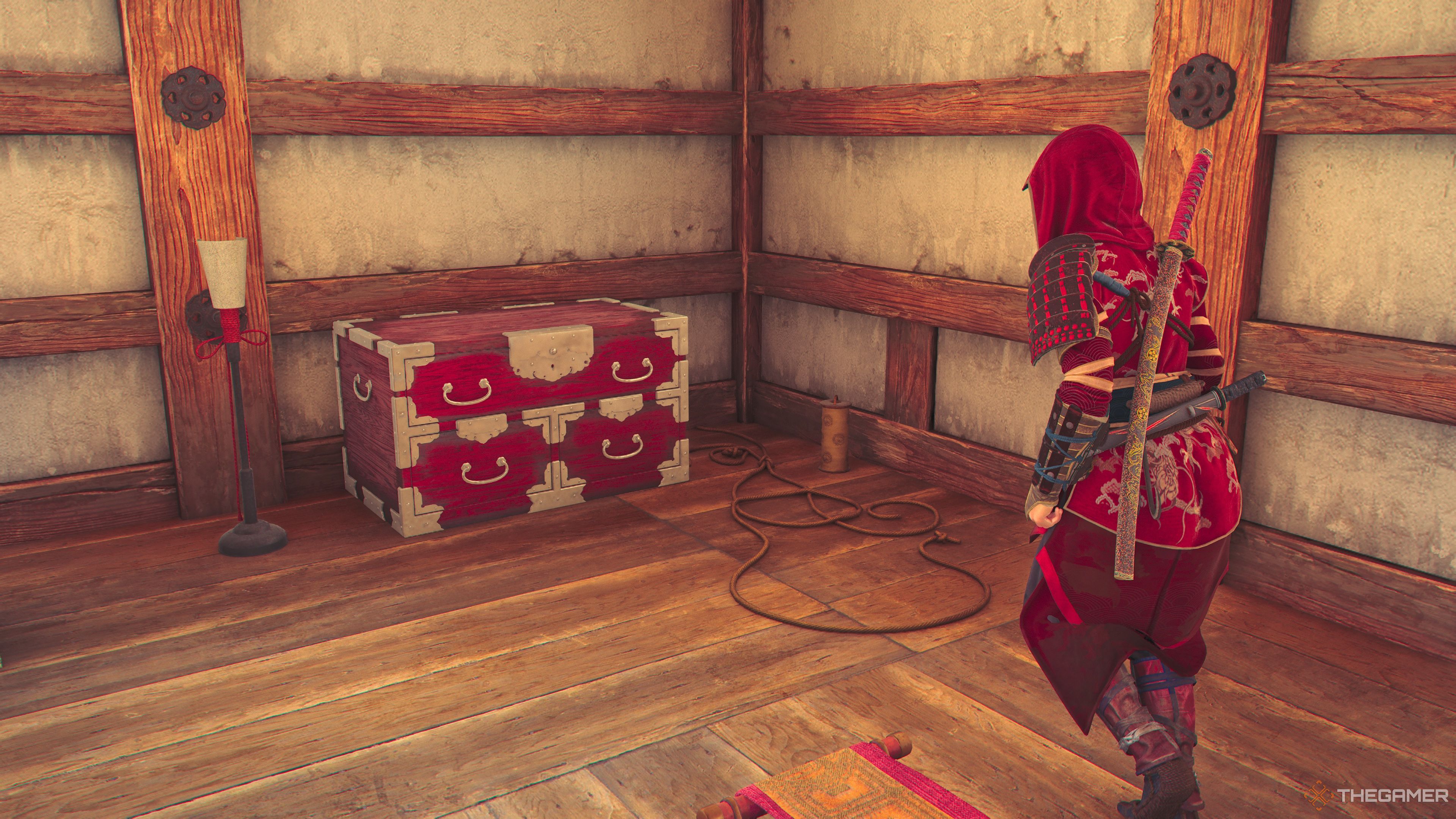 Noae approaches the Takeda Castle Chest in Assassin's Creed Shadows.