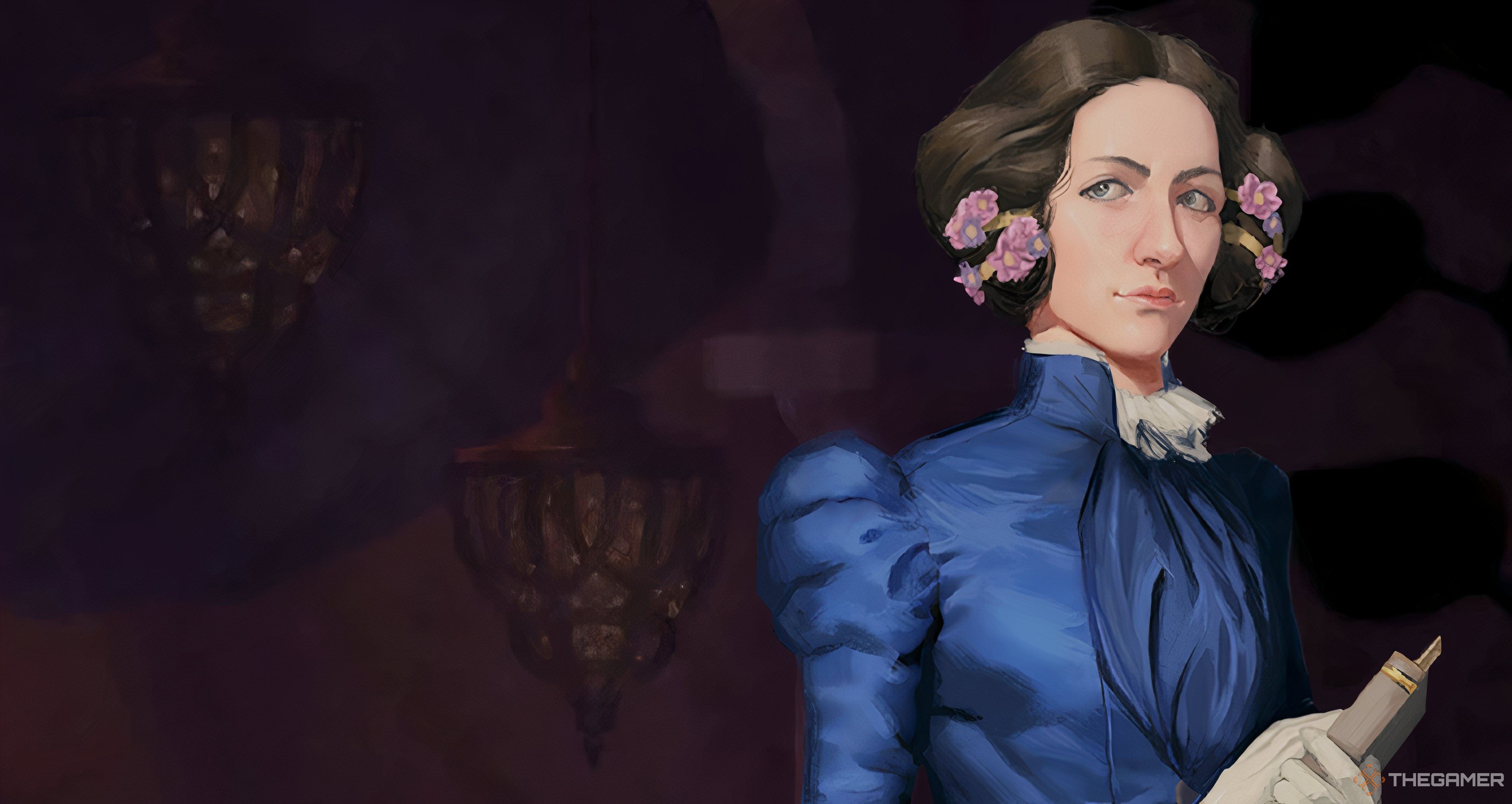 Ada Lovelace from Civilization 7 against the backdrop of the Abbasid Empire's key art