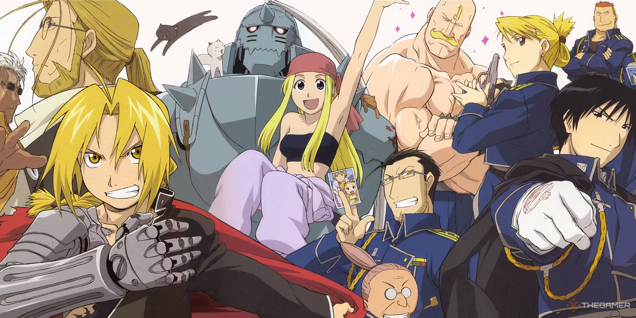 A photo of a pair of the Filmetal Alchemist 2003, which includes a cast of the characters, Edward, Alfonus, Winnie, Granny, Roy Mustang, Riza Hockey and others.
