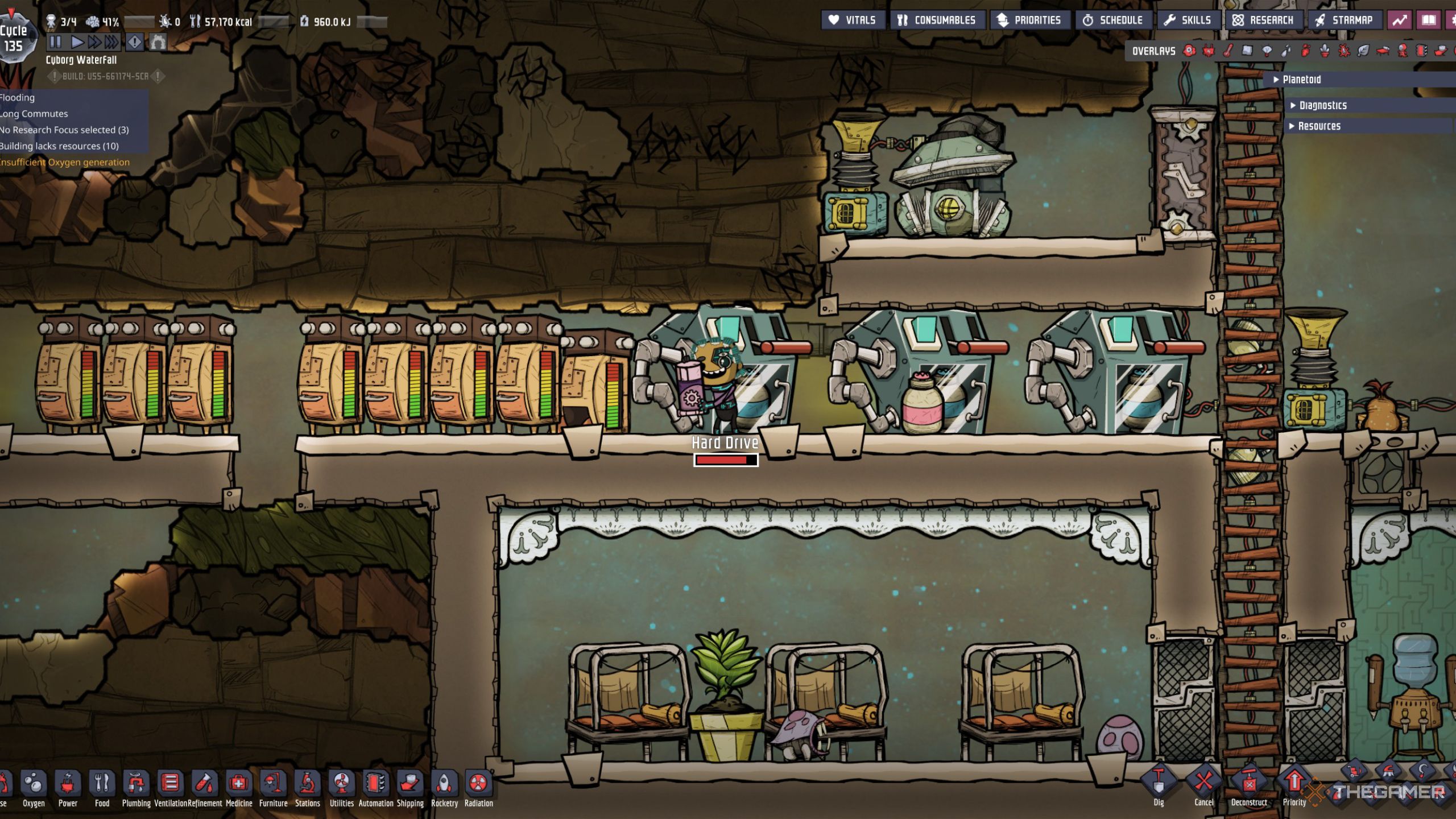 An Oxygen Not Included screenshot of a bionic duplicant holding a tube of Gear Balm.