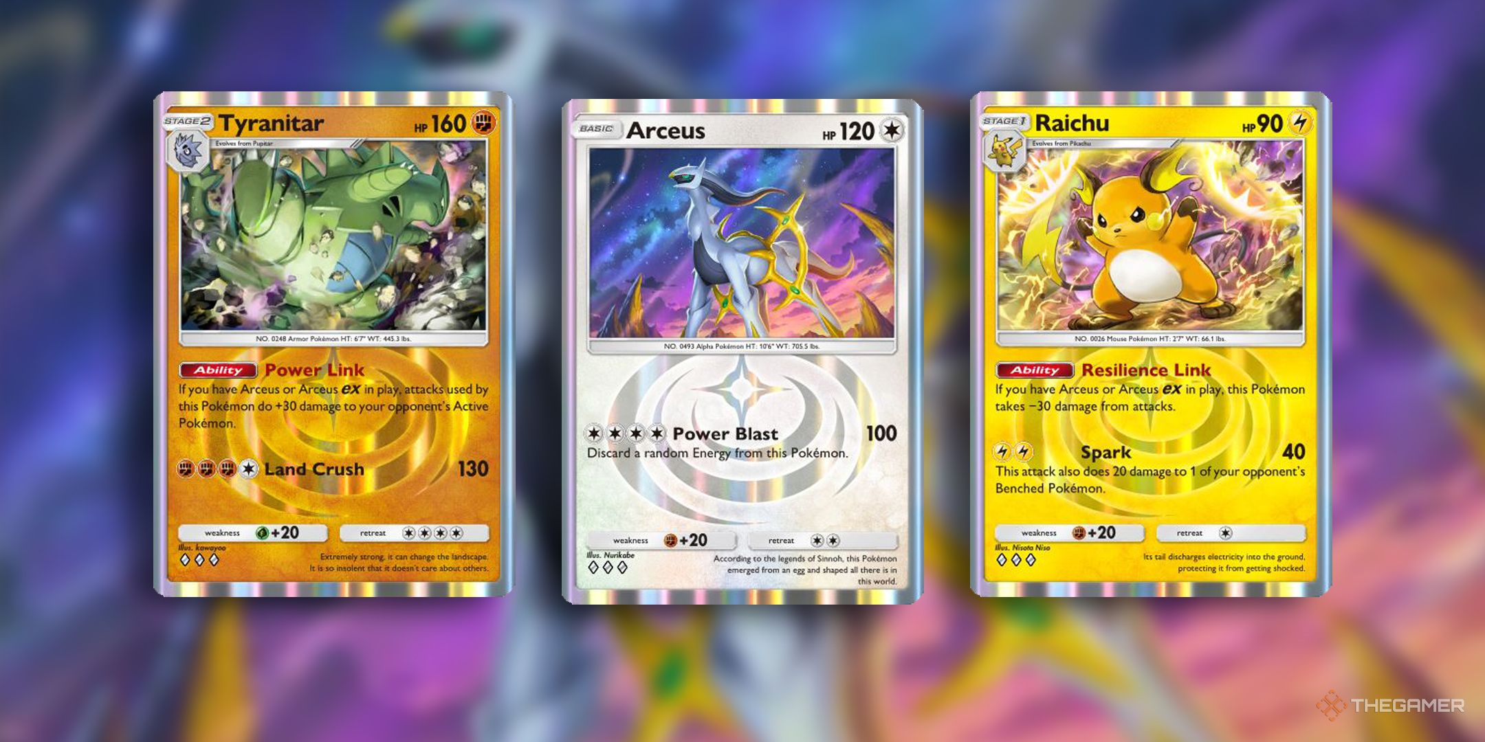 The cards for Arceus, Tyranitar, and Raichu from the Triumphant Light expansion in Pokemon TCG Pocket.