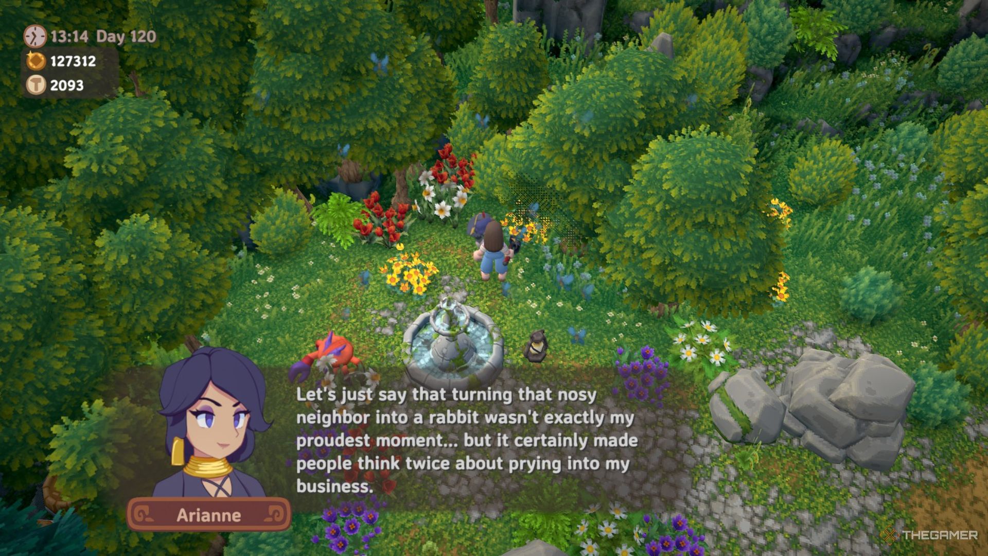 Player character speaking to Arianne in her garden and she admits to turning someone into a rabbit in Luma Island.