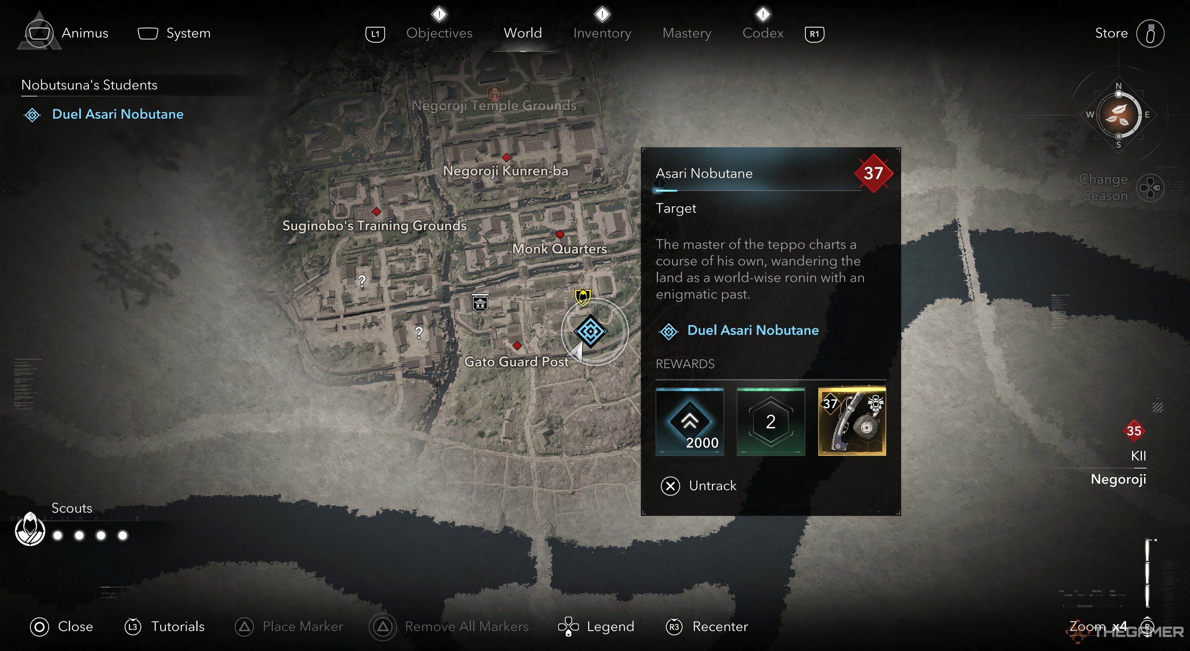 Assassin&rsquo;s Creed Shadows Asari&rsquo;s location highlighted. The rewards of beating him are shown on the right.