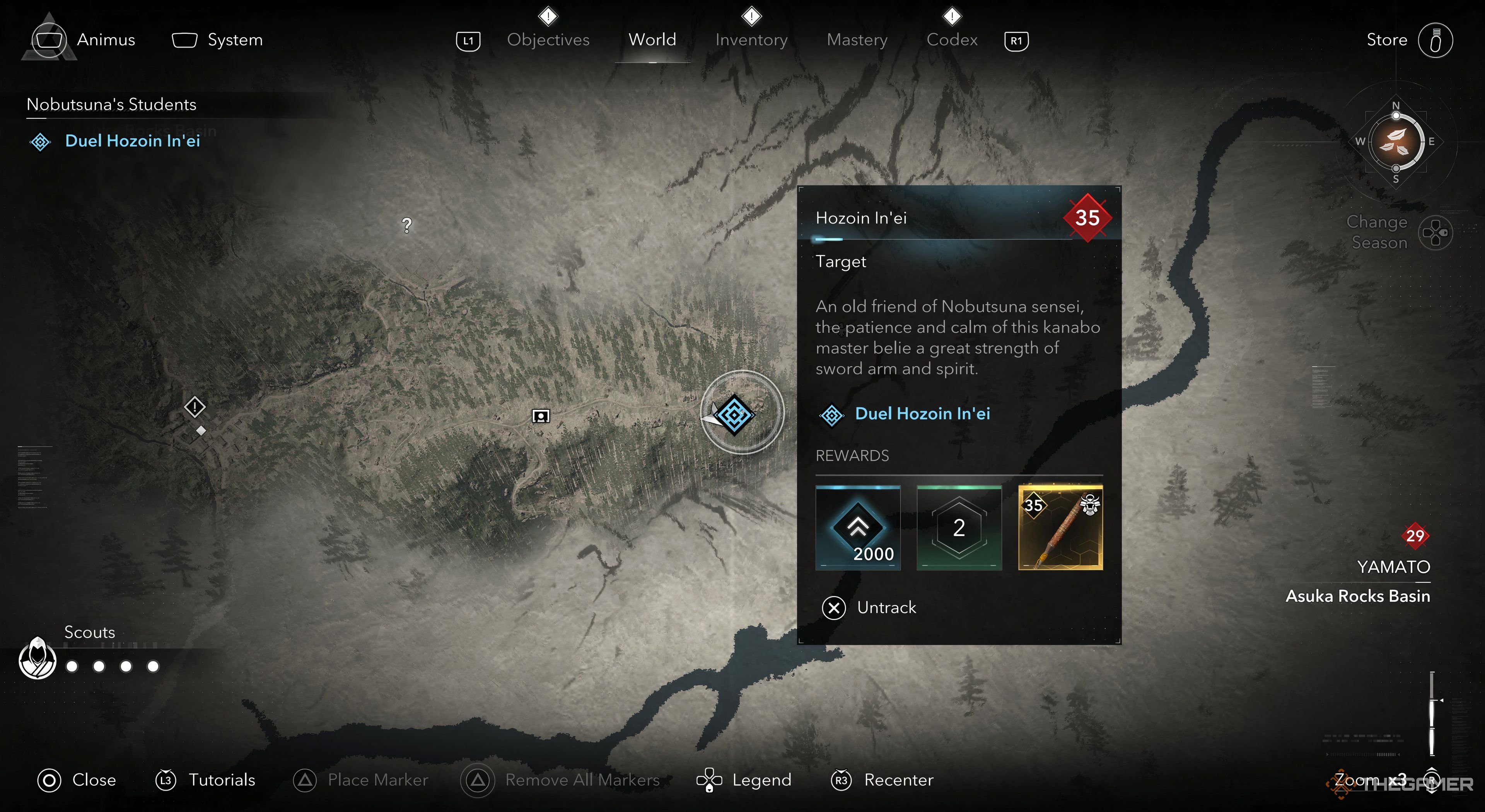 Assassins Creed Shadows Hozoin In&rsquo;ei location highlighted with his rewards displayed on the right.