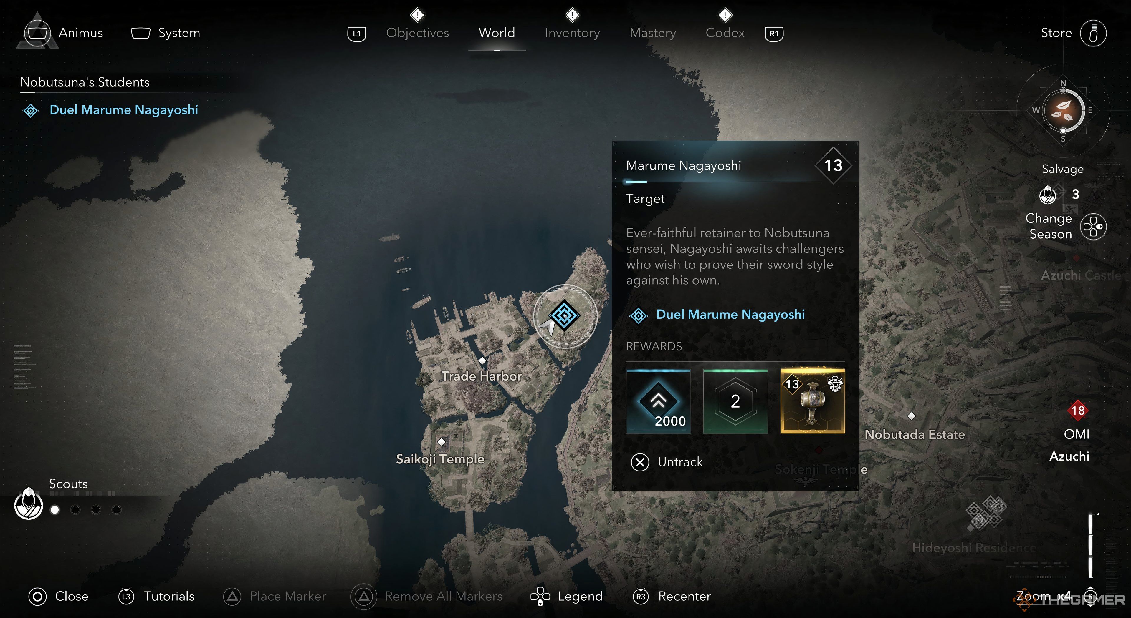 Assassins Creed Shadows the duelest Marume area selected with his rewards on the right.