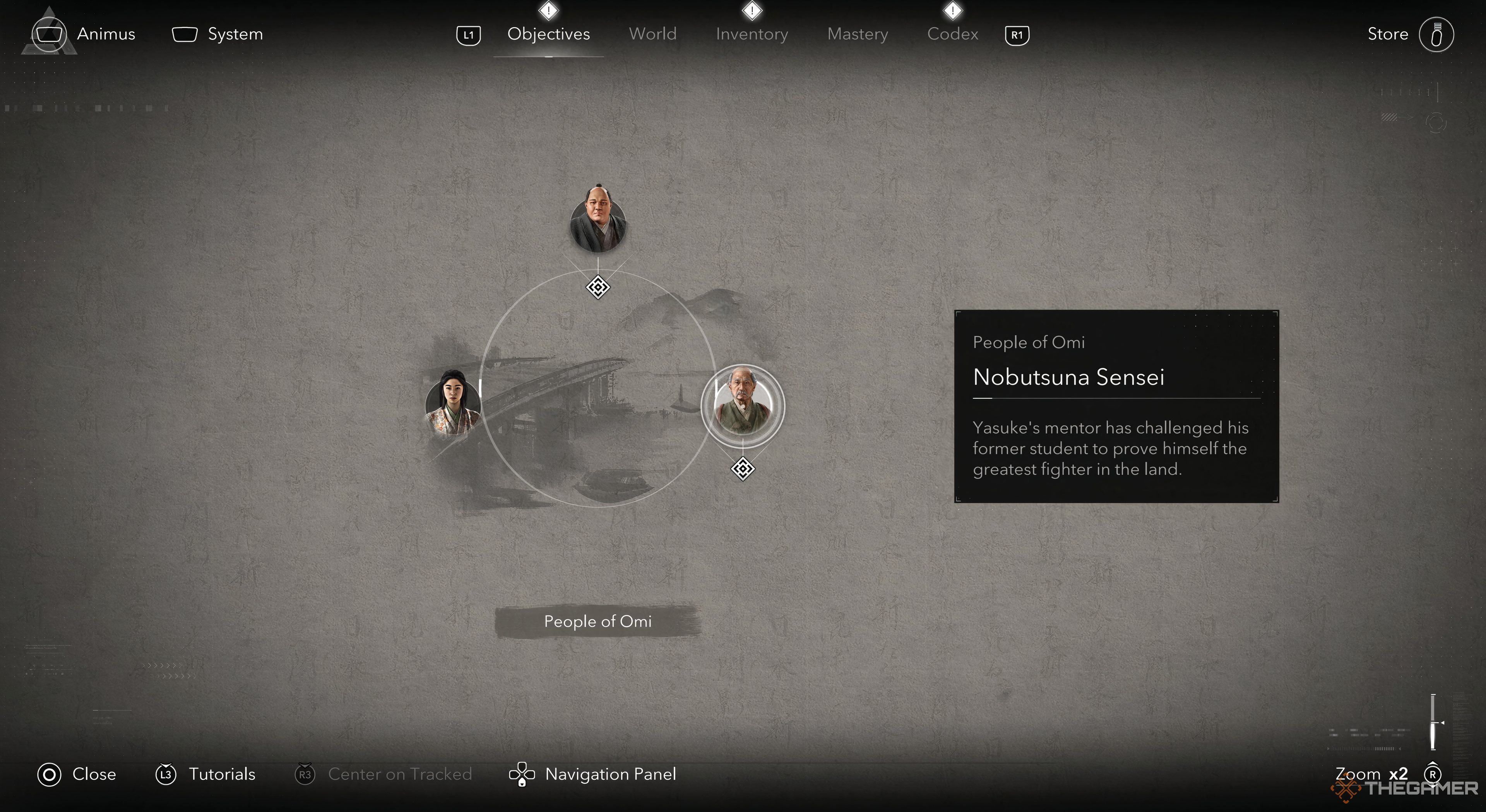 Assassins Creed Shadows People of Omi objective board with Nobutsuna selected.