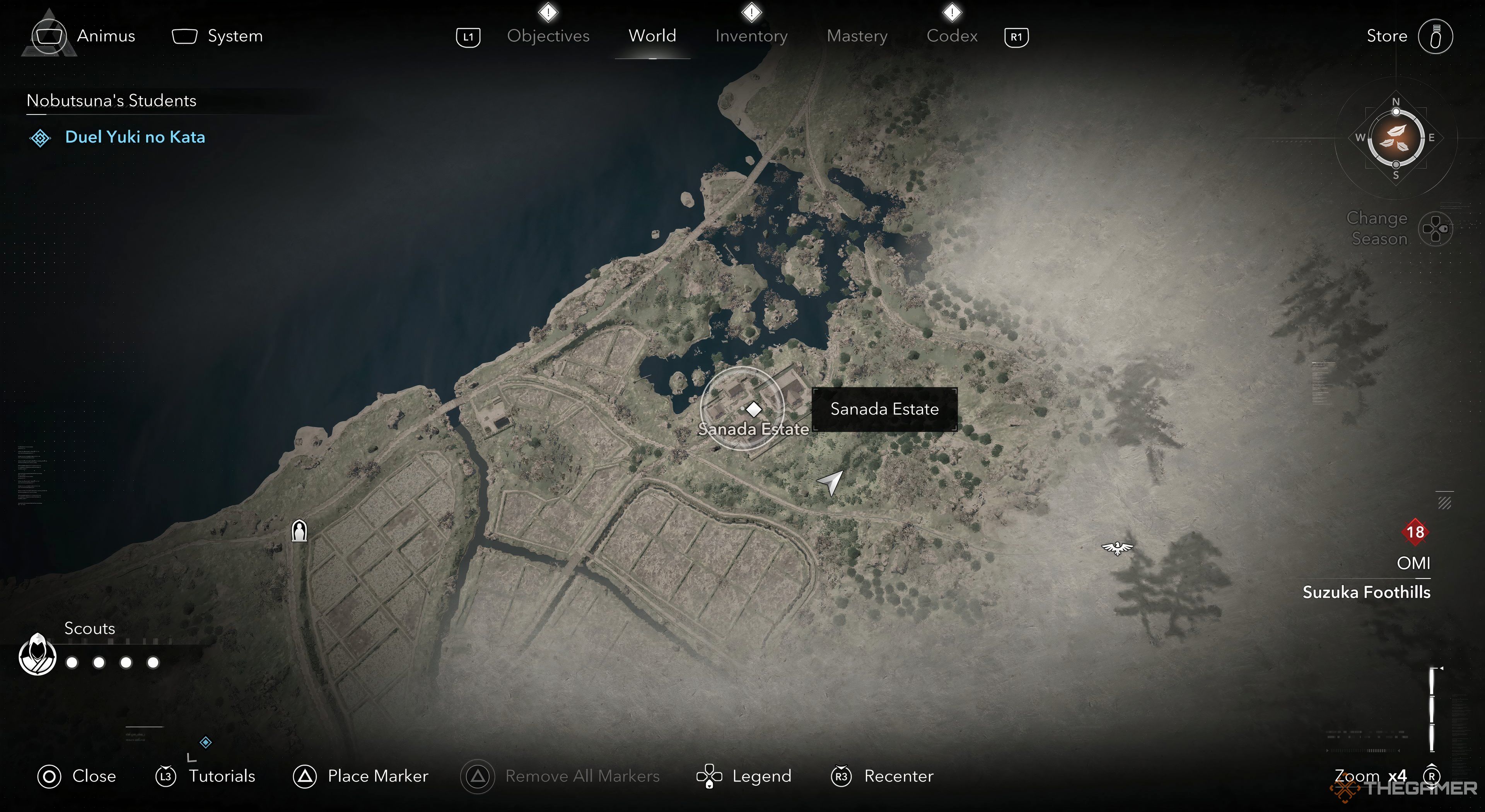 Assassins Creed Shadows Sanada Estate selected on the map. There is swamp on top of it. The player&rsquo;s arrow is under the estate.