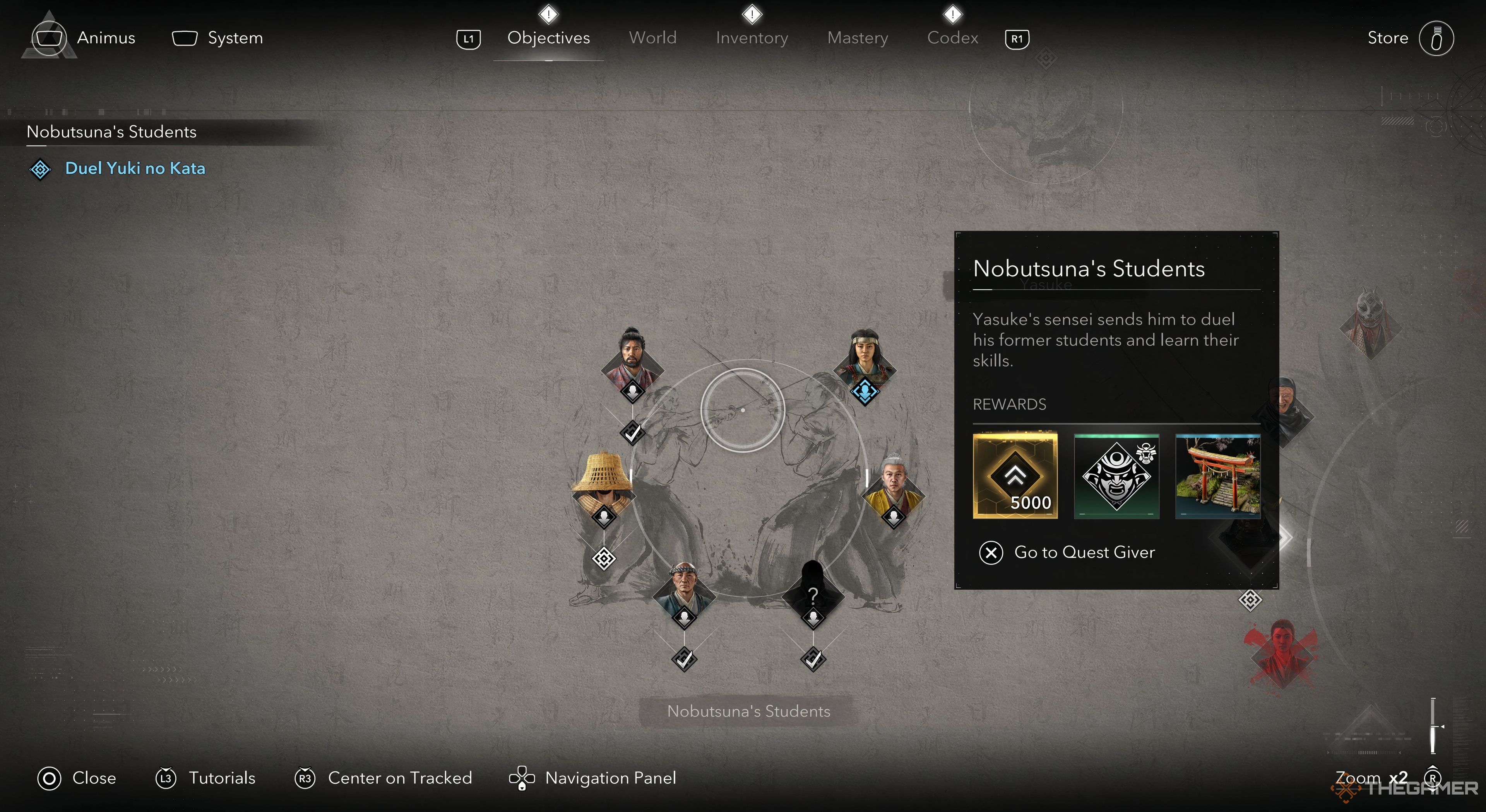 Assassins Creed Shadows five of Nobutsuna's Students shown with a information card on the right side of the circle.