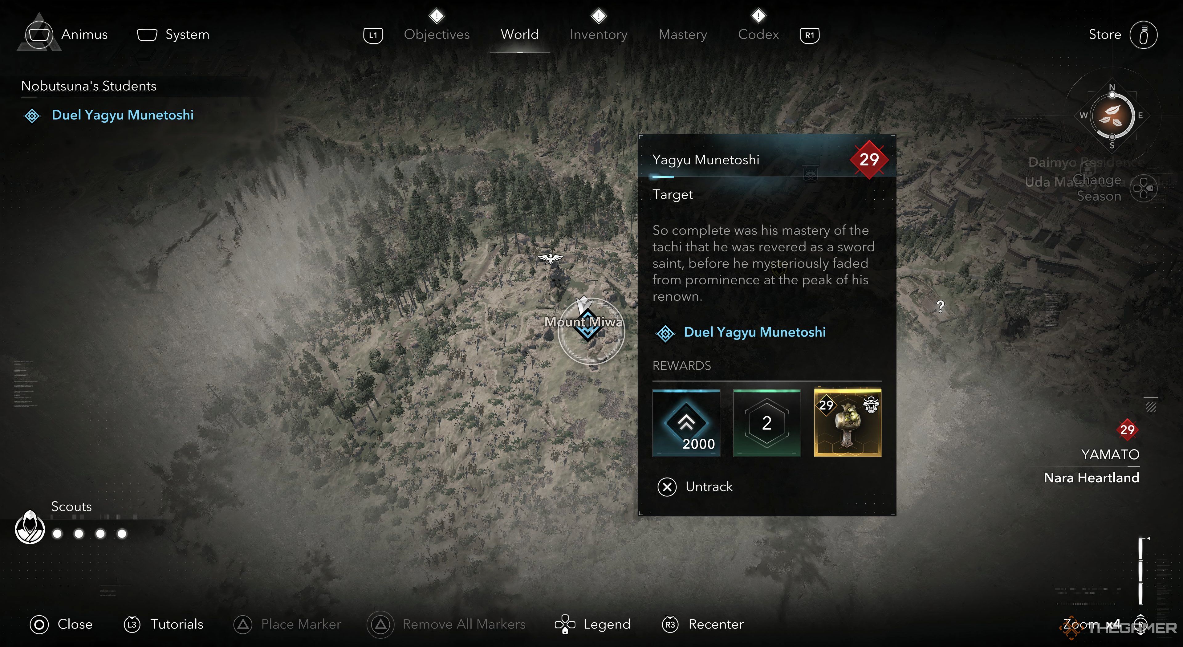 Assassins Creed Shadows showing the location of Yagyu Munetoshi with a discription on the right.