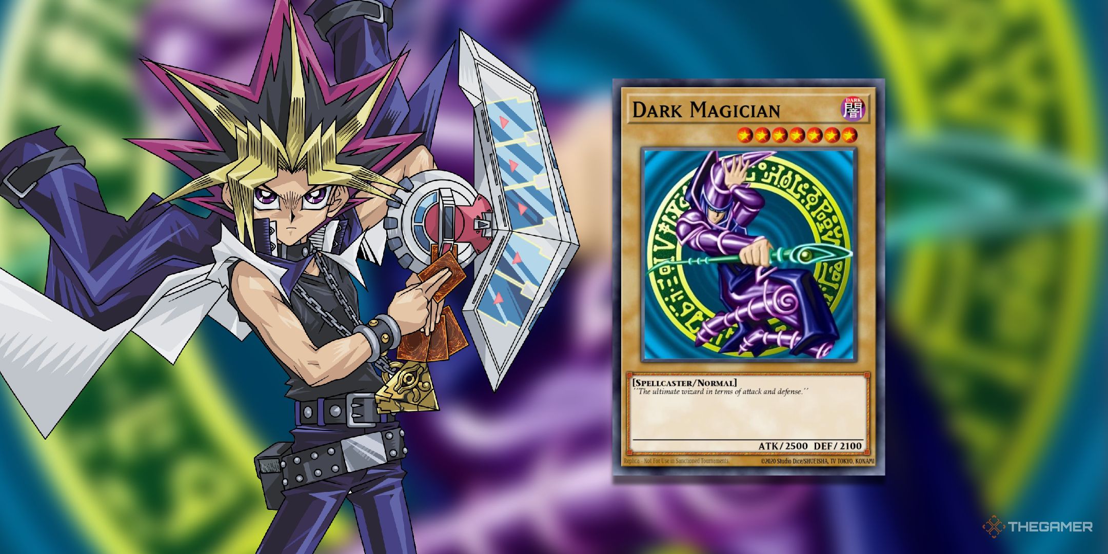 Atem next to the Dark Magician from the Yu-Gi-Oh! TCG.
