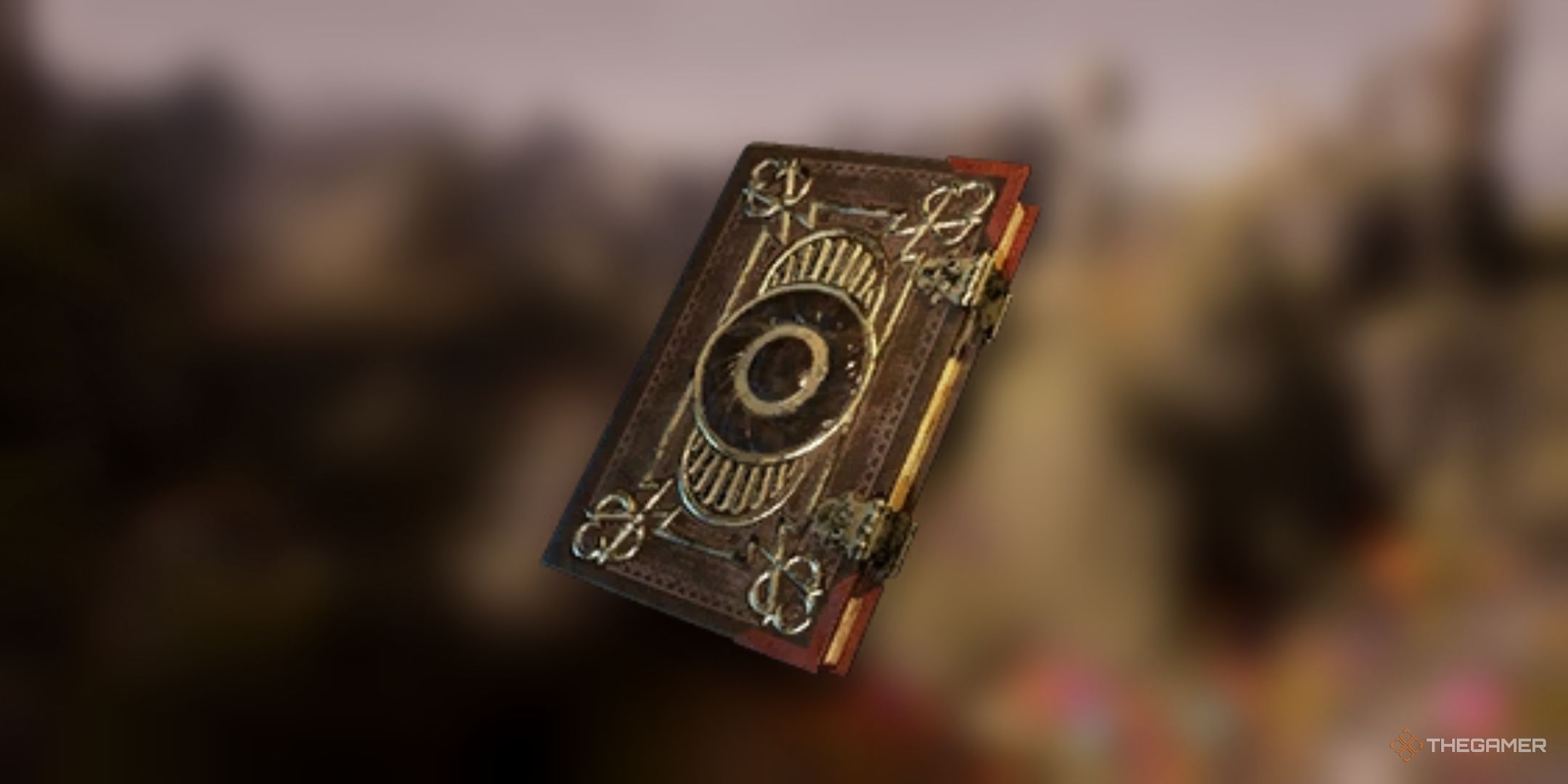 Avowed, Aurochs Skin Grimoire item image over a blurred background of the Emerald Stair.