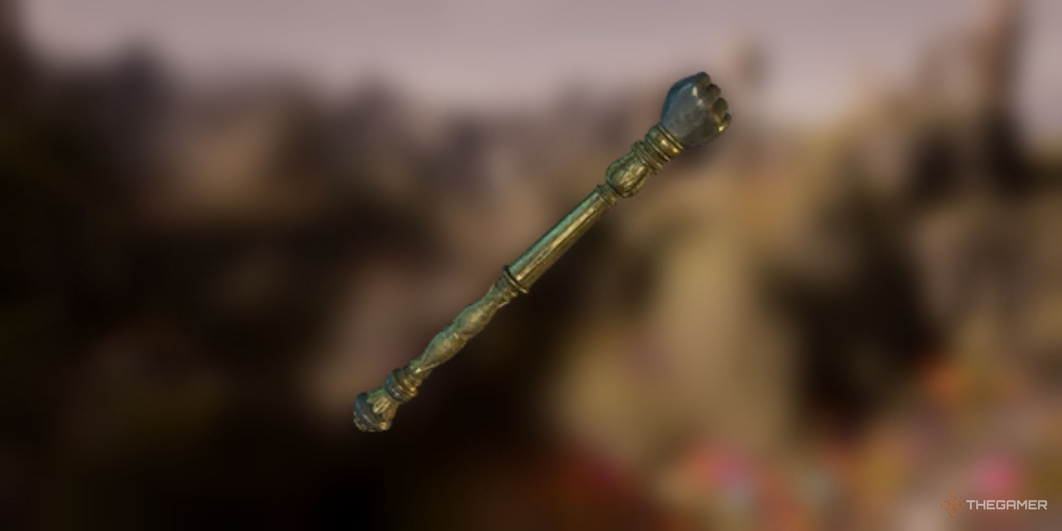 Avowed, Cruel Command wand item image over a blurred background of the Emerald Stair.