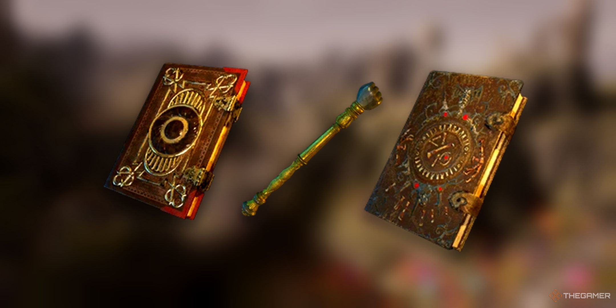 Avowed, Featured image, the item images for Aurochs-Skin Grimoire, the Cruel Command Wand, and Eilara's Grimoire.