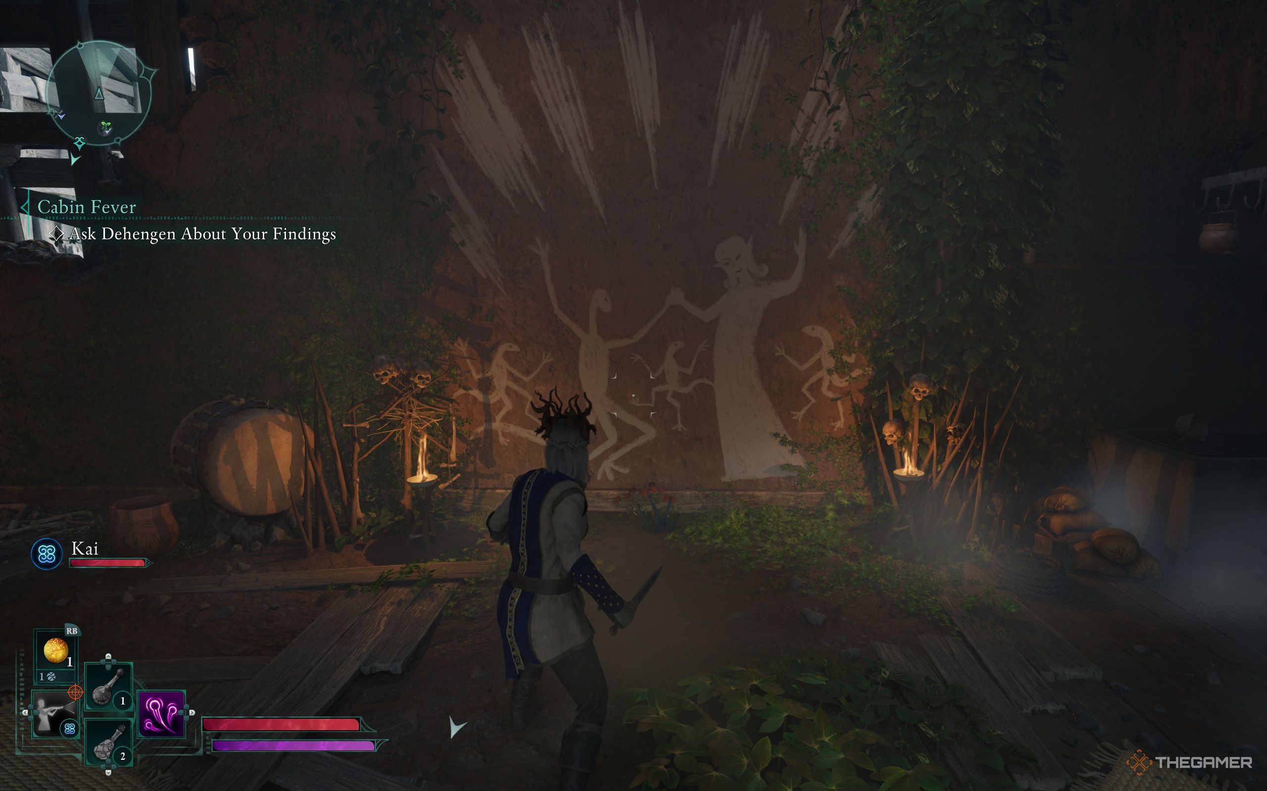 The Envoy is staring at the strange mural depicting a Xaurip and a wood elf holding hands.